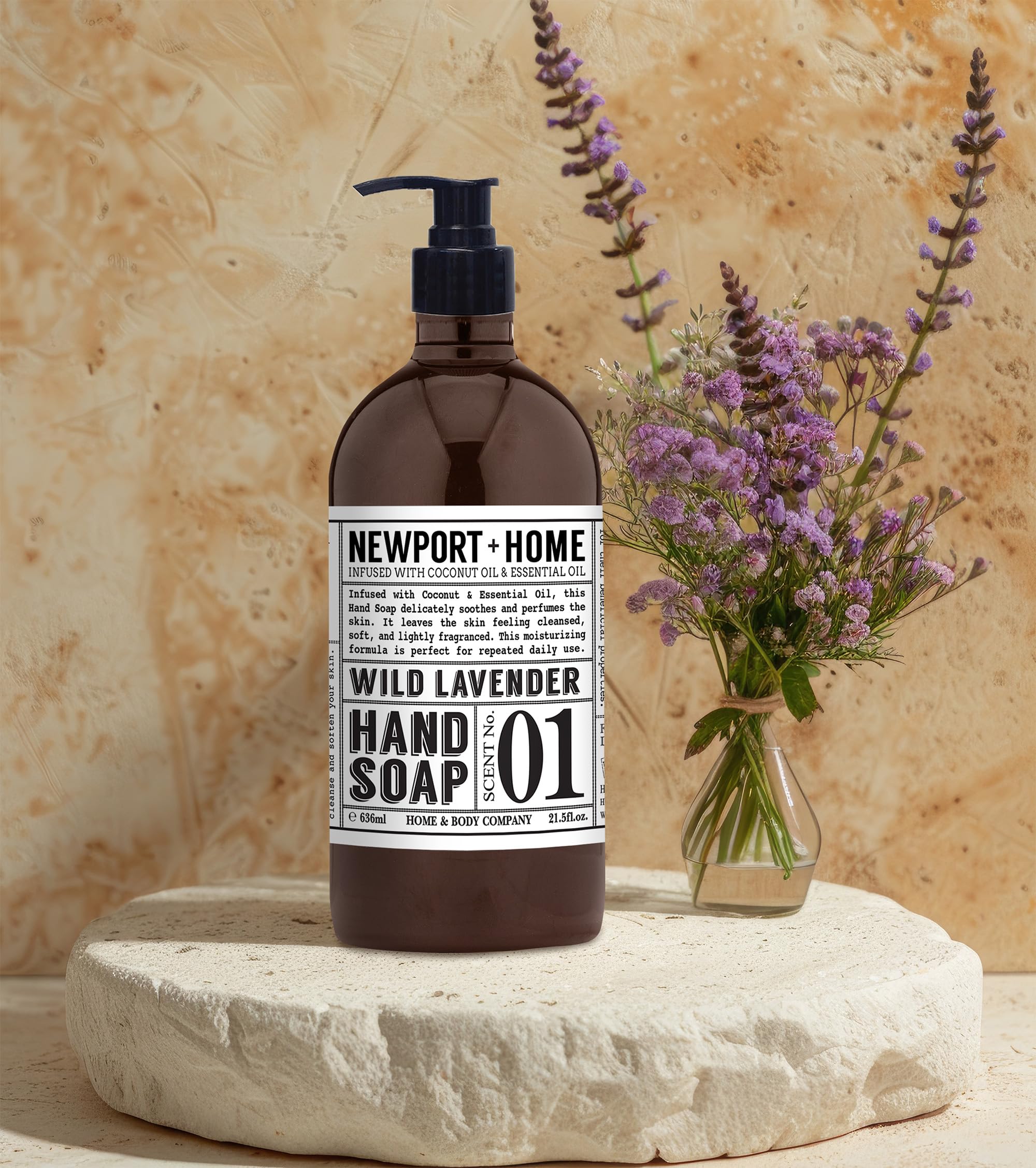 Home & Body Co Newport Wild Lavender hand soap bottle with 21.5 oz capacity.