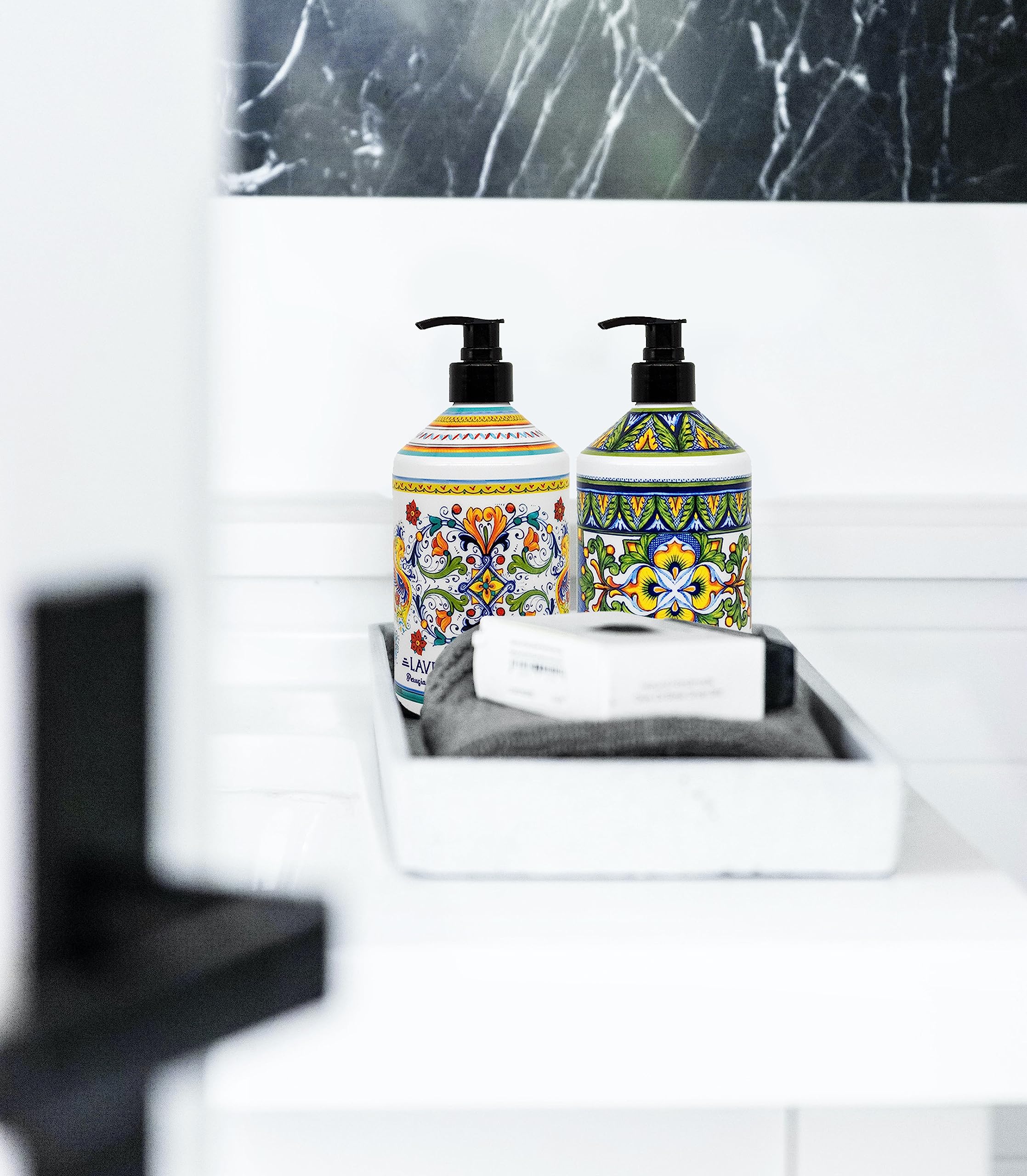 Perugia Deruta hand soaps in a bright kitchen and bathroom scene