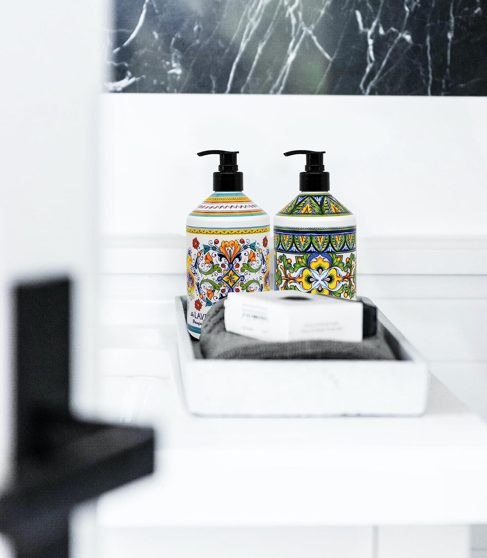 Perugia Deruta hand soaps in a bright kitchen and bathroom scene