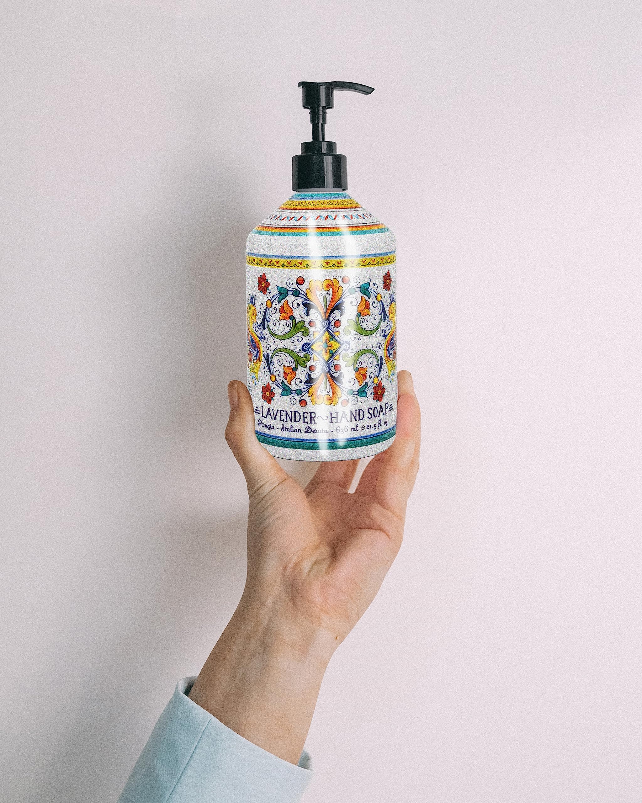 Reusable pump option on Perugia Deruta hand soap emphasizes sustainable convenience
