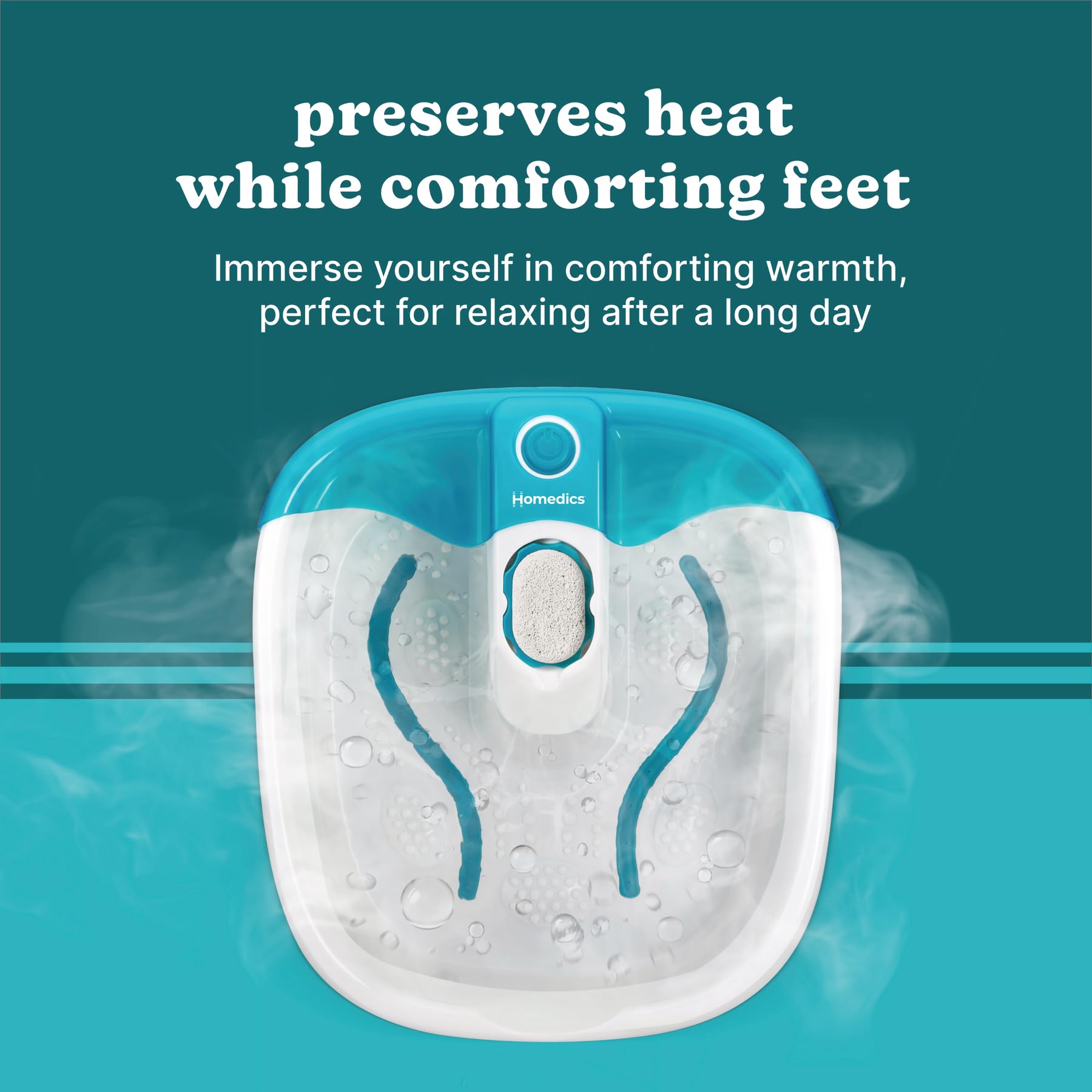 Homedics Bubble Mate Foot Spa includes removable pumice stone for smoothing