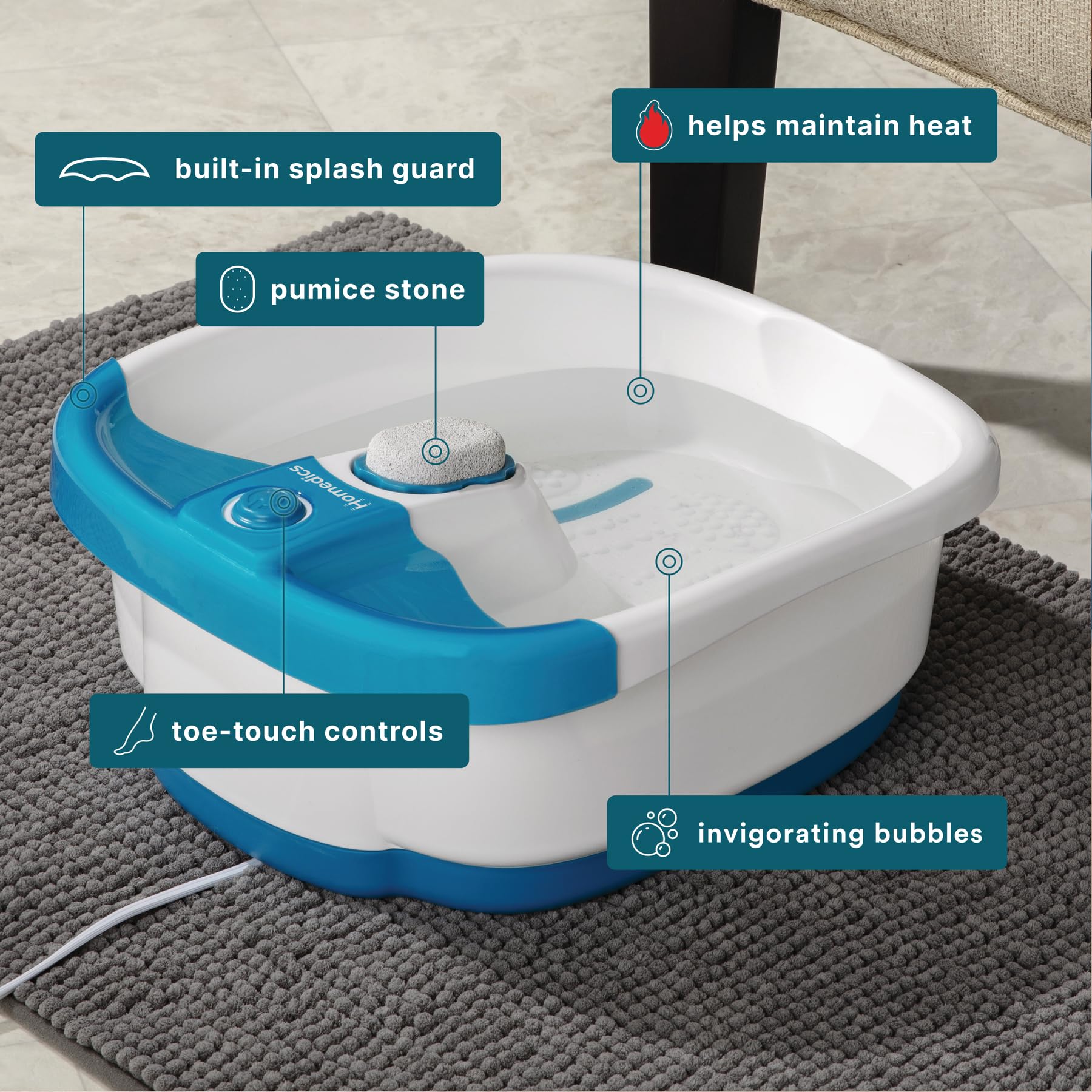 Homedics Bubble Mate Foot Spa splash guard helps keep surfaces clean