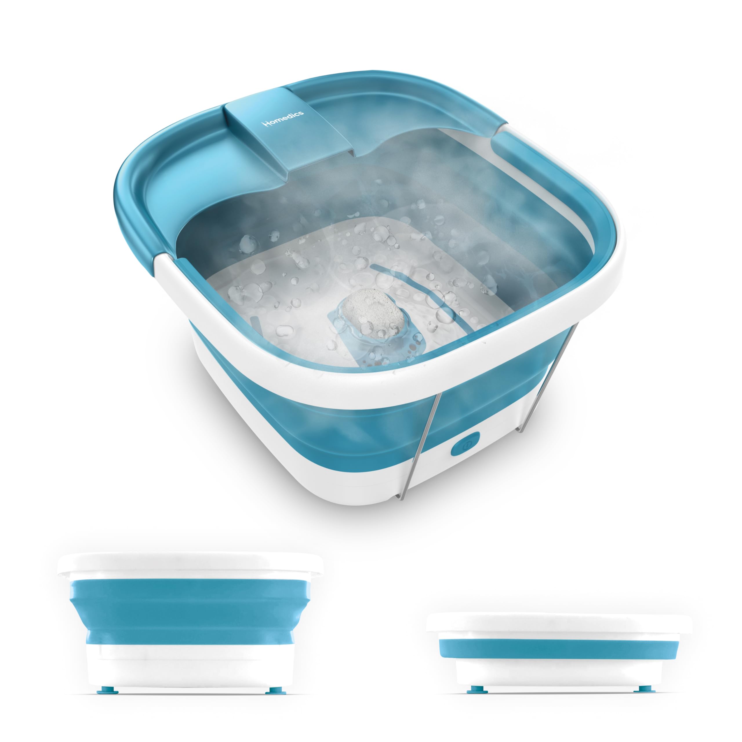 Homedics Smart Space Bubble Mate collapsible foot spa collapsed for compact storage.