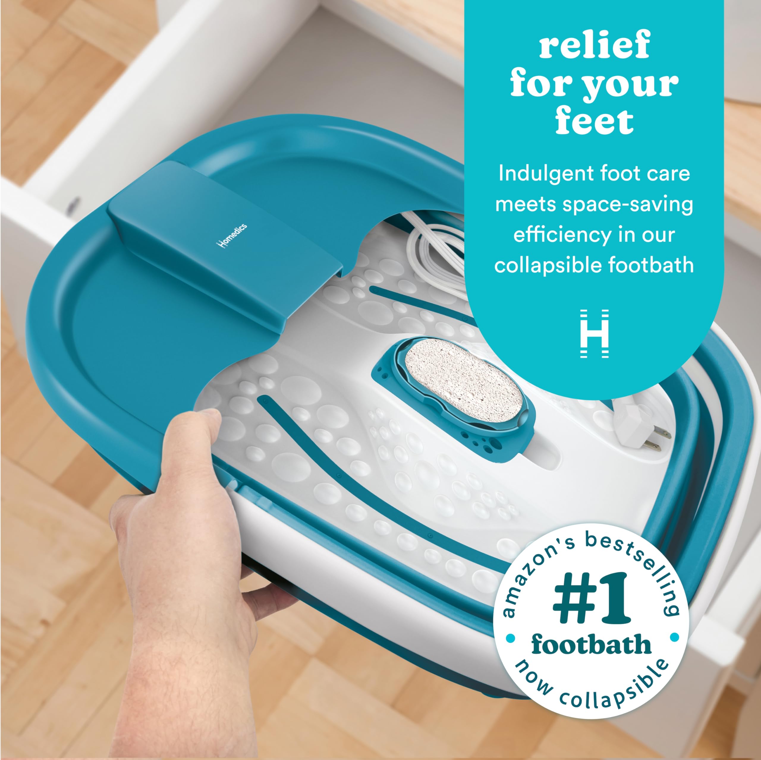 Homedics Smart Space Bubble Mate foot spa with heat maintenance keeps water warm.