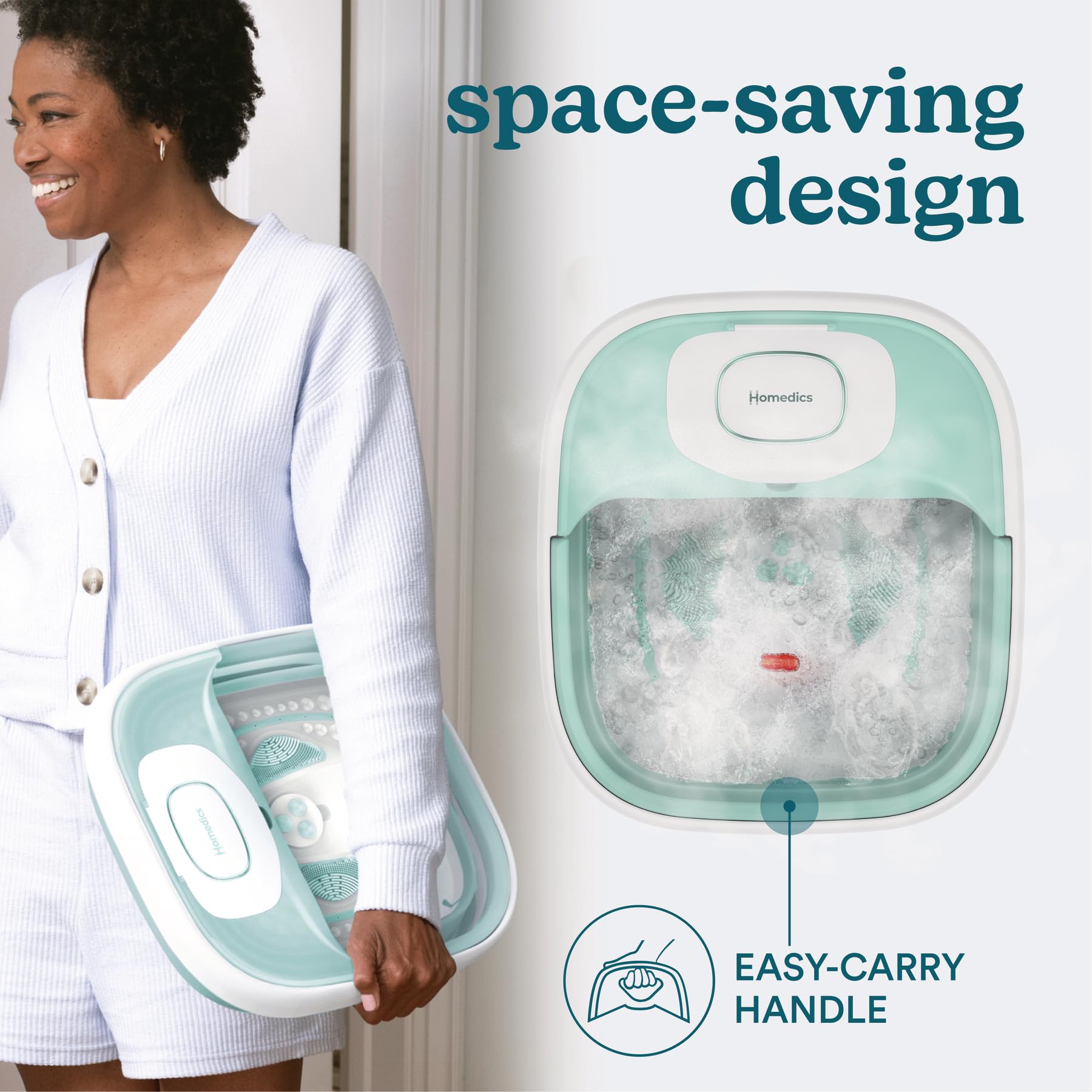 HoMedics Smart Space Elite Footbath ergonomic footbed enhances comfort with massaging bristles.