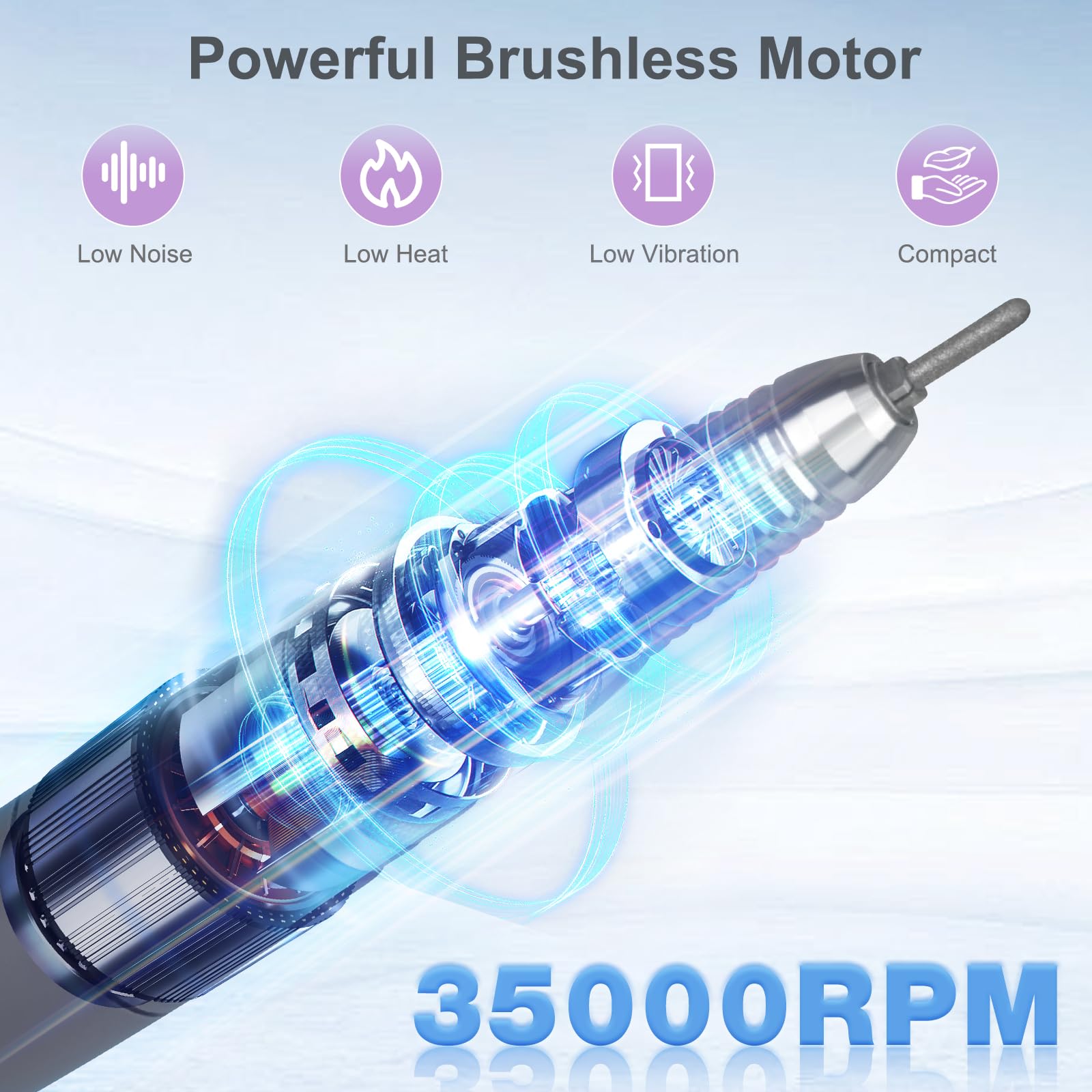 HoMove 35,000 RPM performance enables efficient nail shaping and finishing.