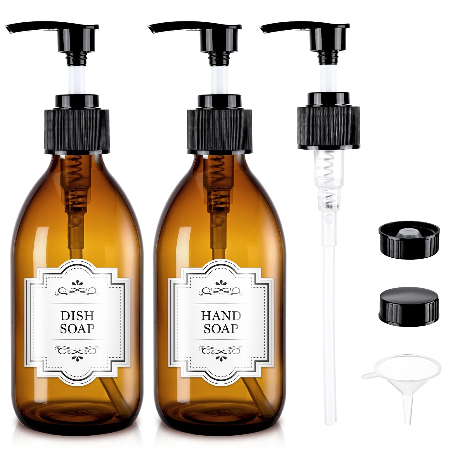 HomePicker 8 oz amber glass pump bottle for precise 2cc doses and reduced waste.