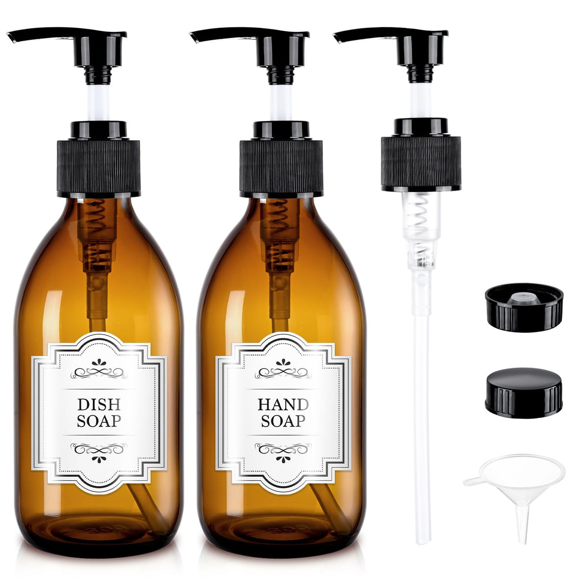 HomePicker 8 oz amber glass pump bottle for precise 2cc doses and reduced waste.