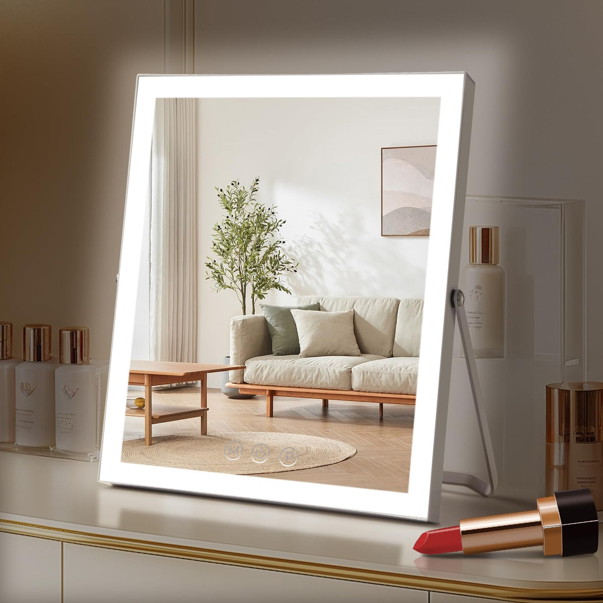 Homtang vanity mirror front view with bright, even lighting for makeup