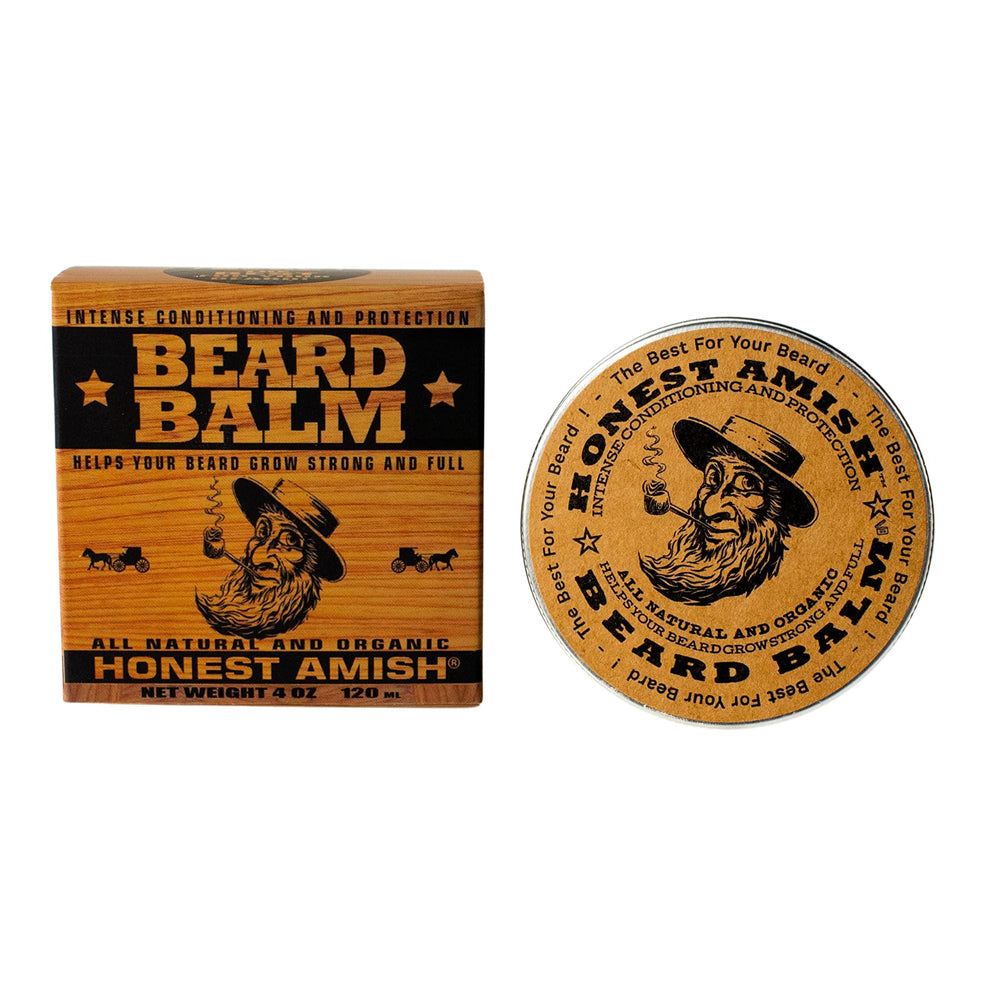 Honest Amish beard balm being applied from 4 oz tin to beard