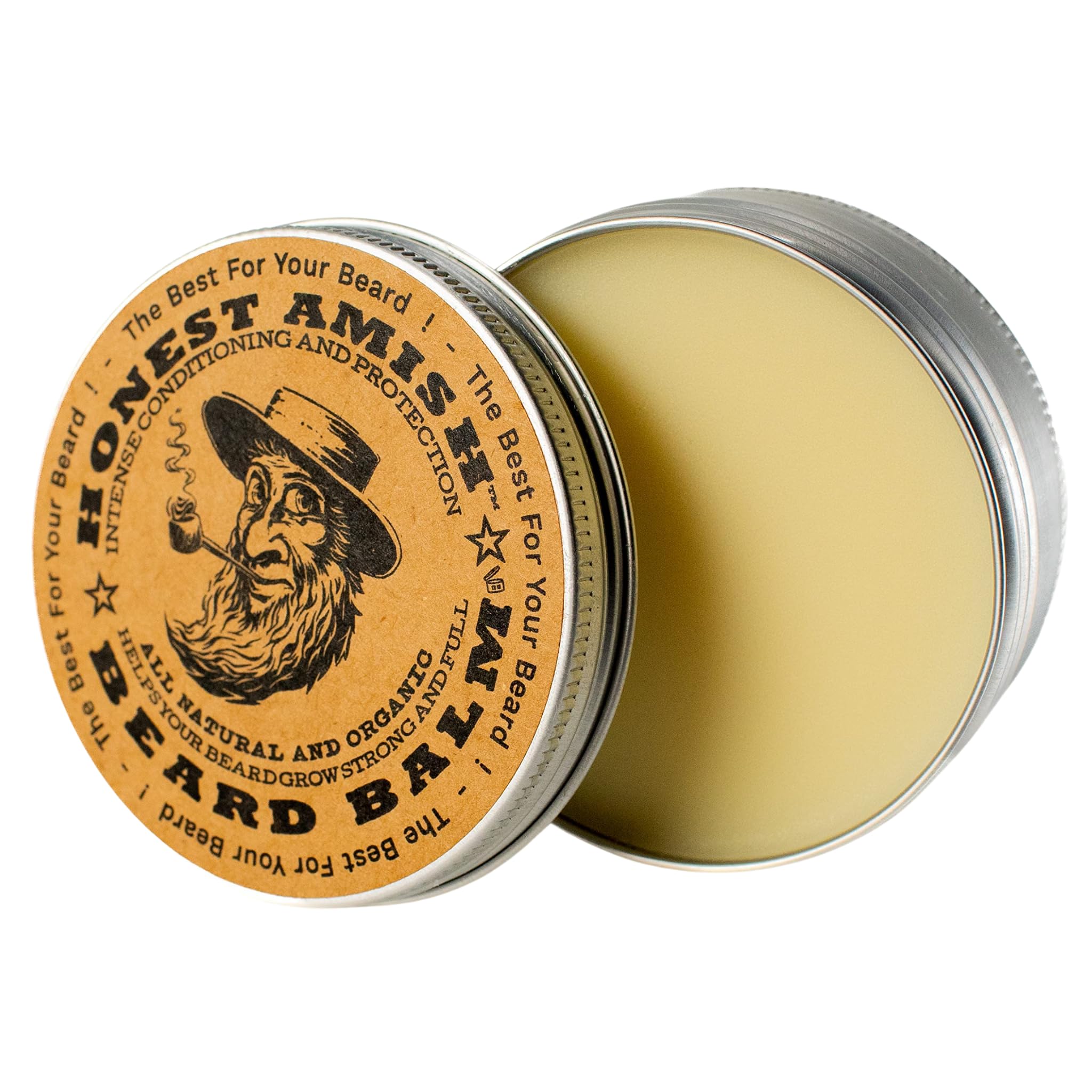 Honest Amish beard balm packaging featuring large twist tin for daily use