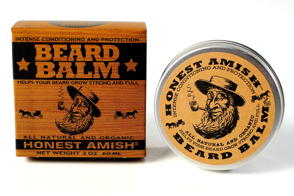 Honest Amish Beard Balm closeup highlighting the tin and natural ingredients.