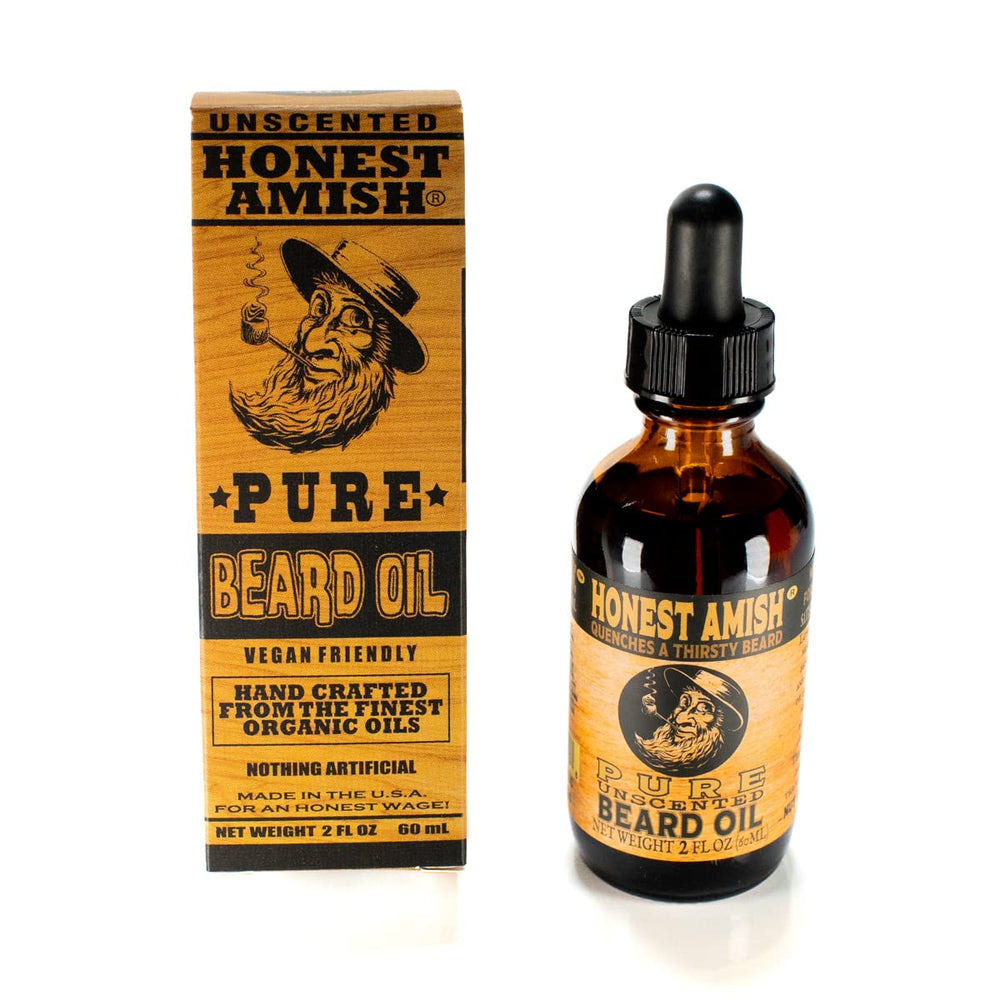 Honest Amish Pure Beard Oil label close-up highlighting natural ingredients and fragrance-free formula.