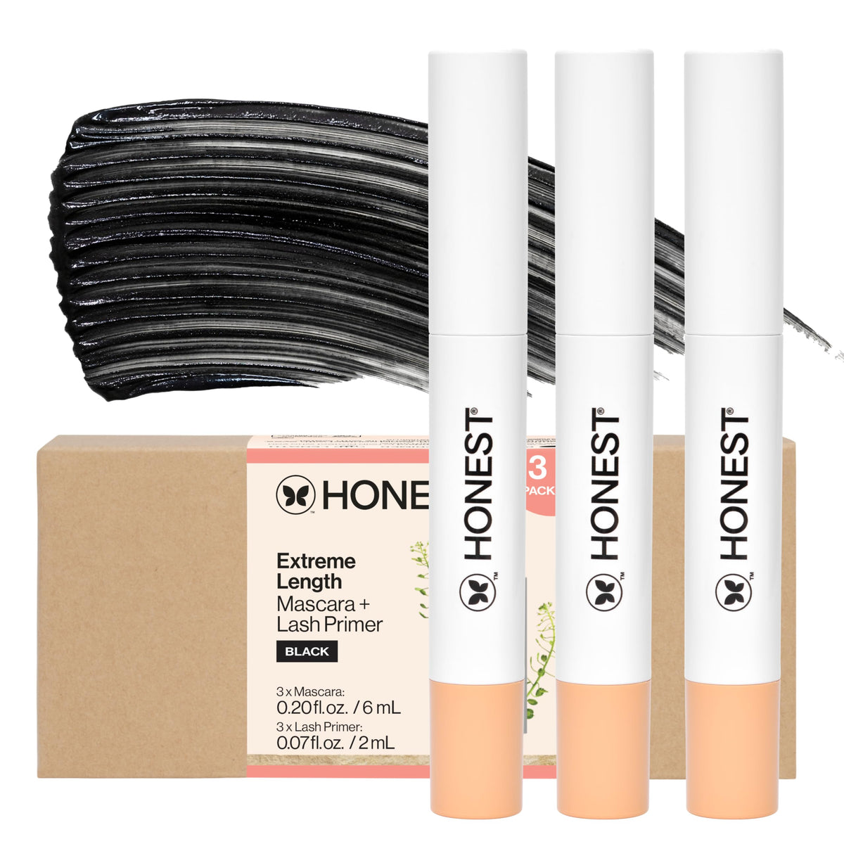 Honest Beauty 2-in-1 extreme length mascara primer pack front view promotes long-wear lashes.