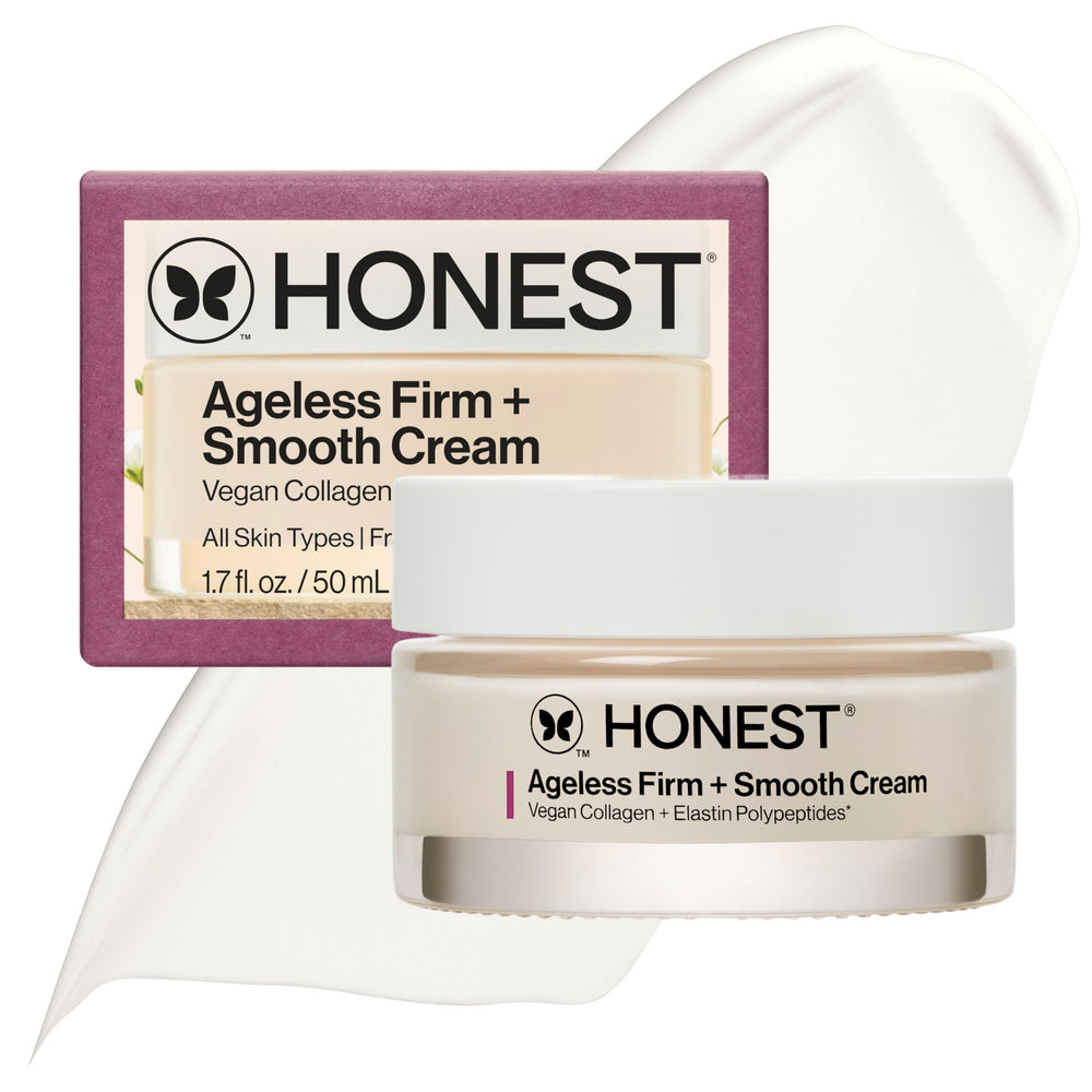 Honest Beauty Ageless Firm and Smooth Cream jar showing fragrance-free formula for firmer, smoother skin