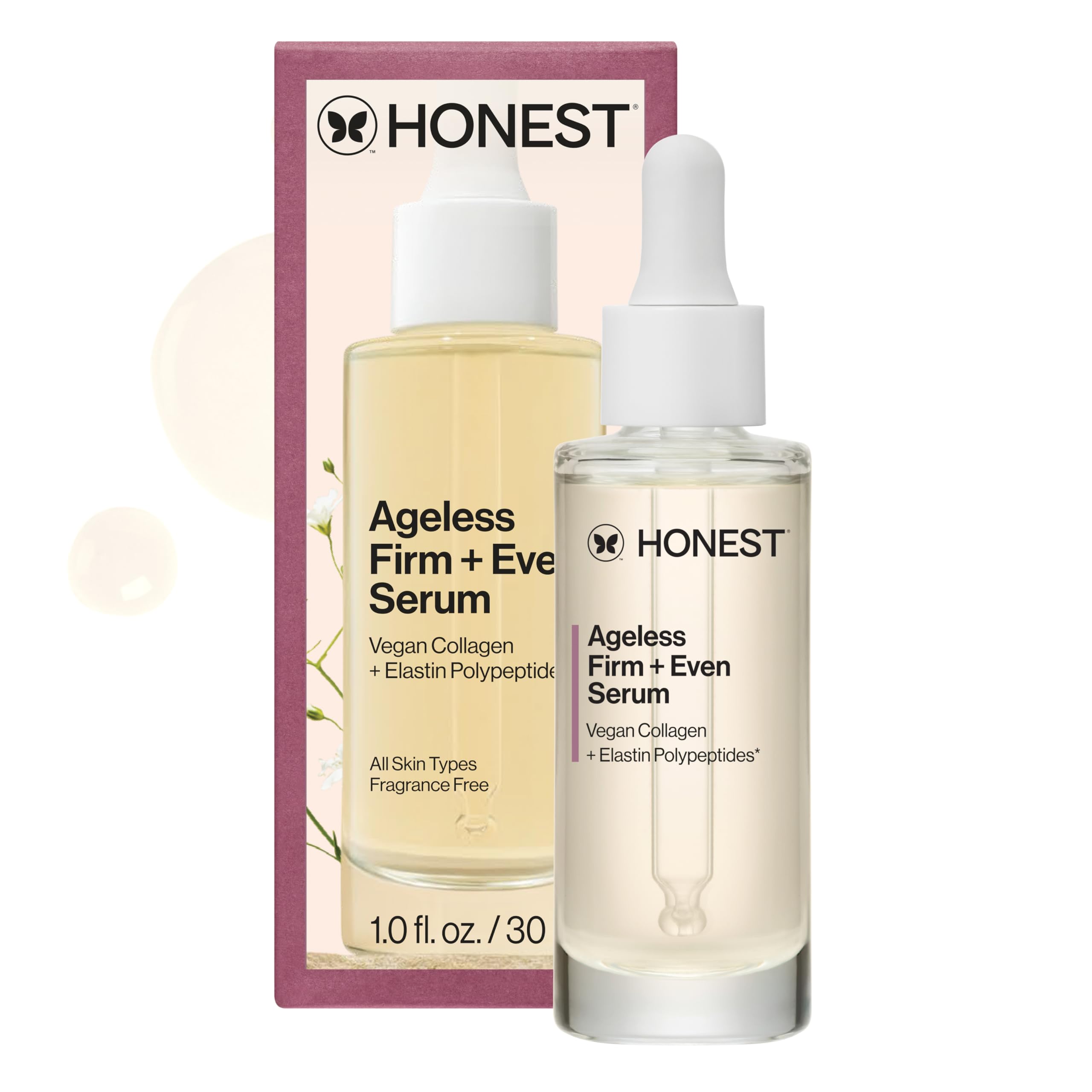 Honest Beauty Ageless Serum bottle showing potential firmer-looking skin.