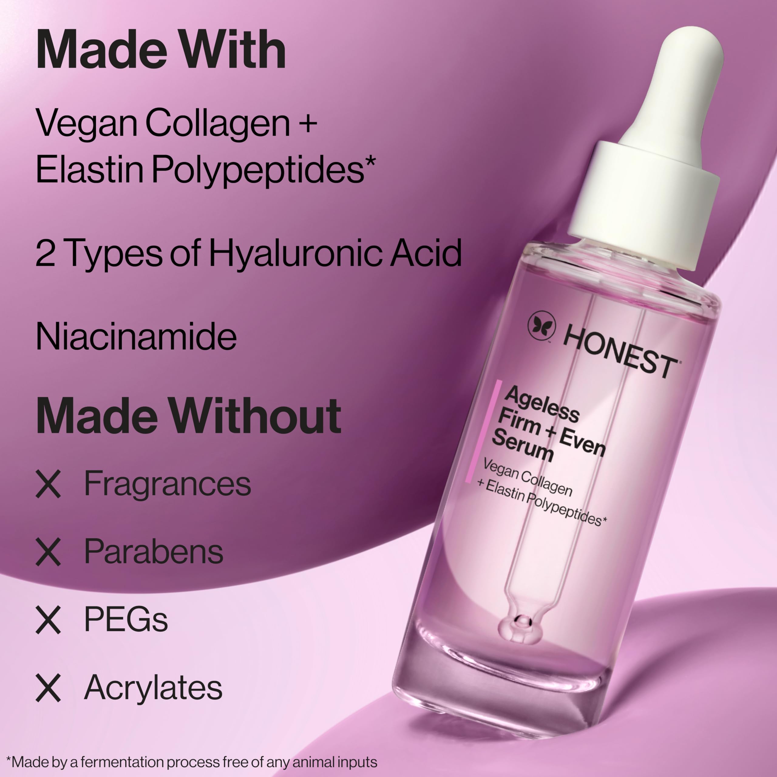 Honest Beauty Ageless Serum highlight with dual hyaluronic acids for hydration.