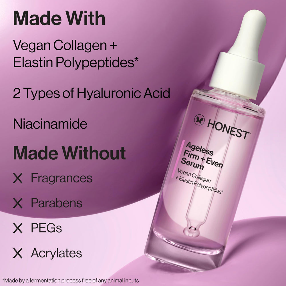 Honest Beauty Ageless Serum highlight with dual hyaluronic acids for hydration.