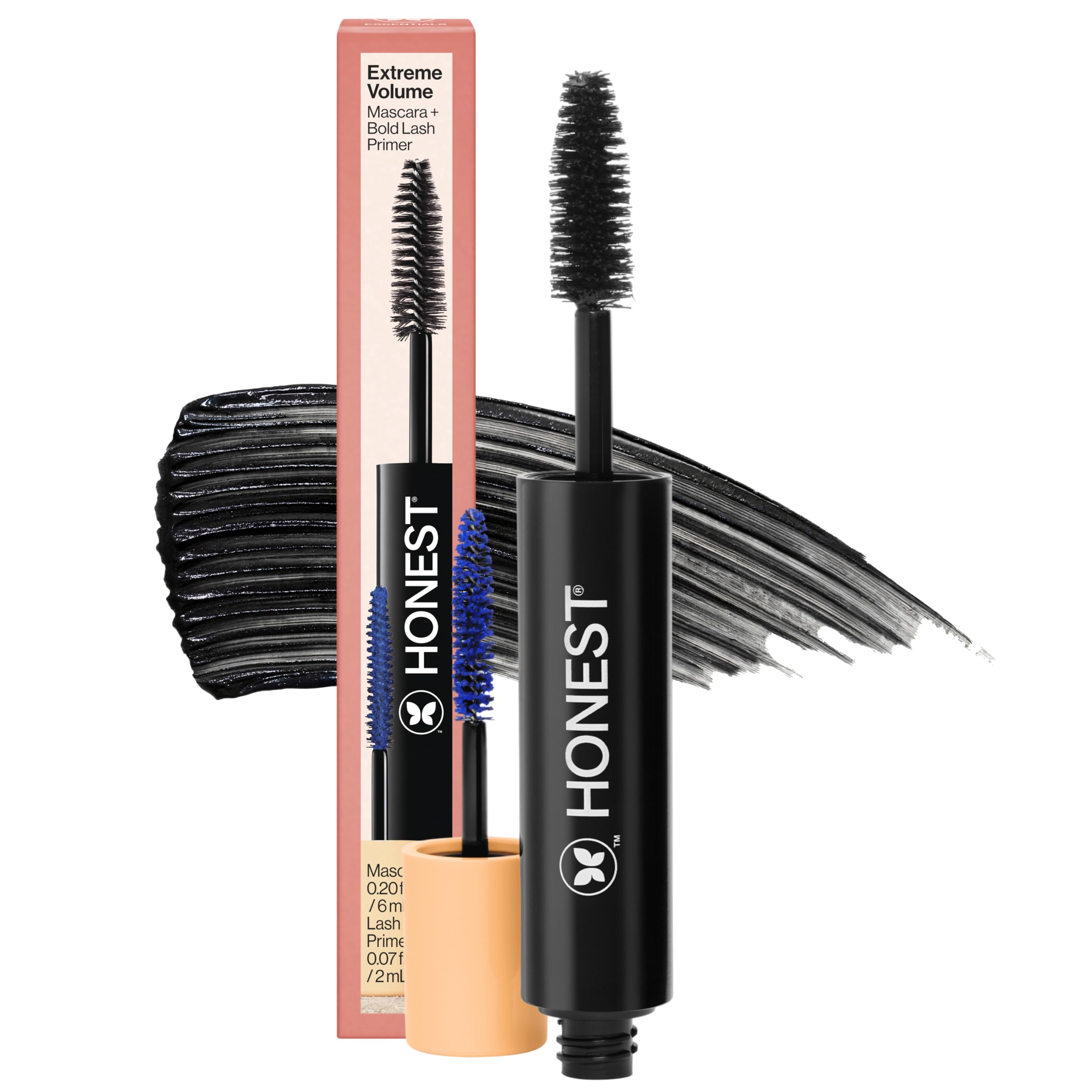 Honest Beauty dos-en-uno-volumen-extremo promueve volumen intenso y definición duradera.