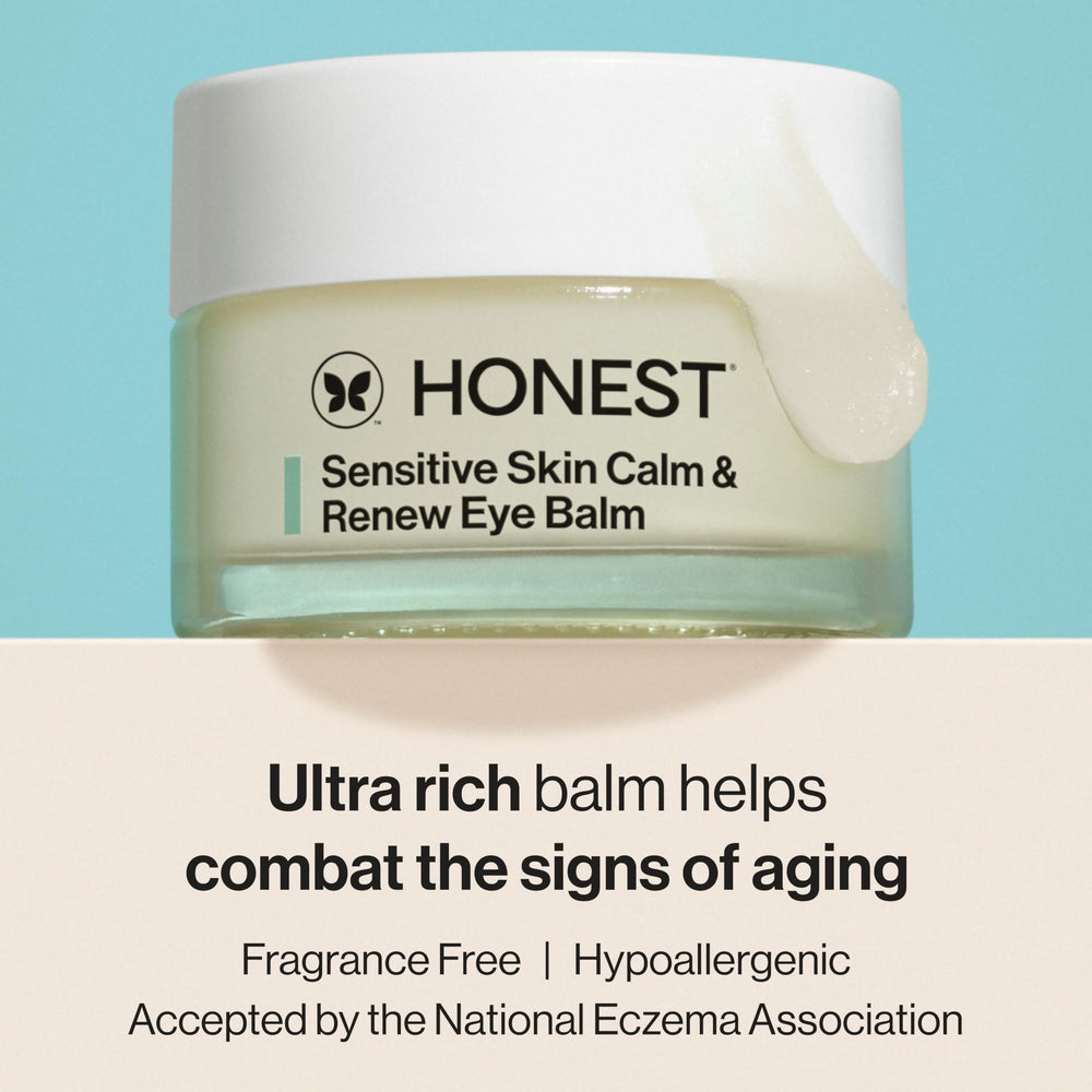 Honest Beauty Eye Balm application close-up highlights nourishing cream on the delicate eye area