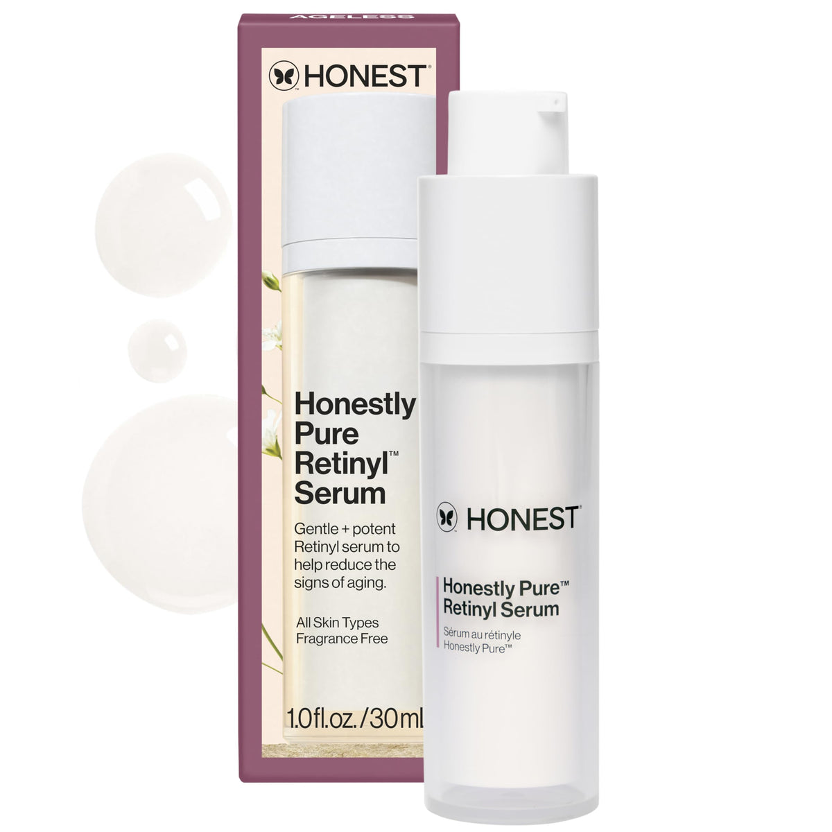 Honest Beauty Honestly Pure Nightly Retinyl Serum bottle for gentle nightly renewal