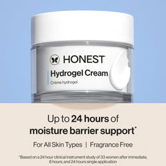 Honest Beauty Hydrogel Cream bottle-back label highlights fragrance-free formula.