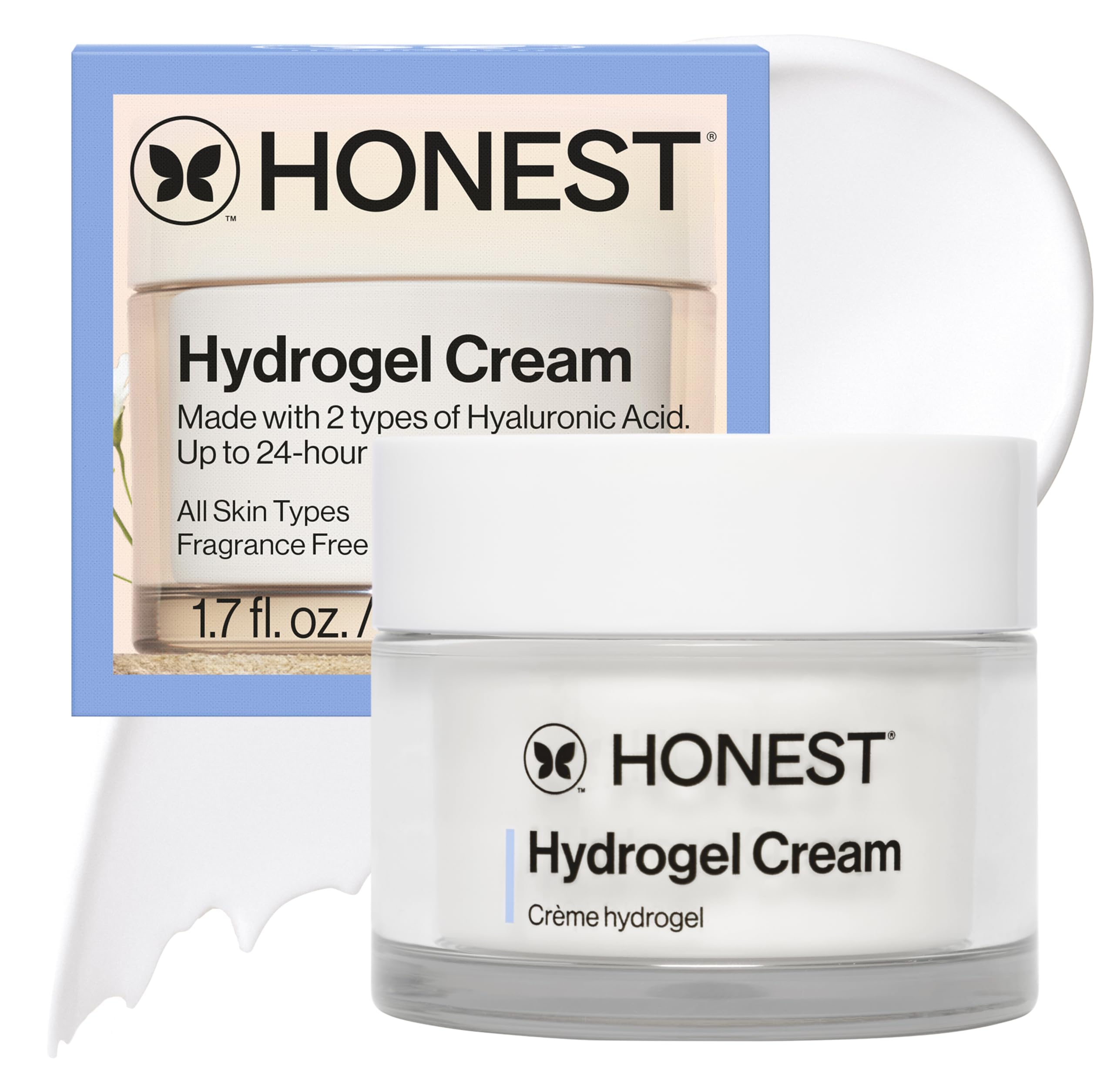 Honest Beauty Hydrogel Cream bottle-front shows lightweight hydration for daily wear.