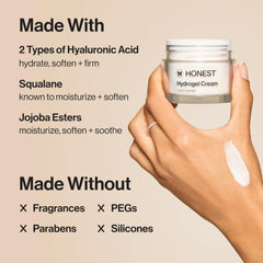 Honest Beauty Hydrogel Cream texture-swirl illustrates dewy finish.