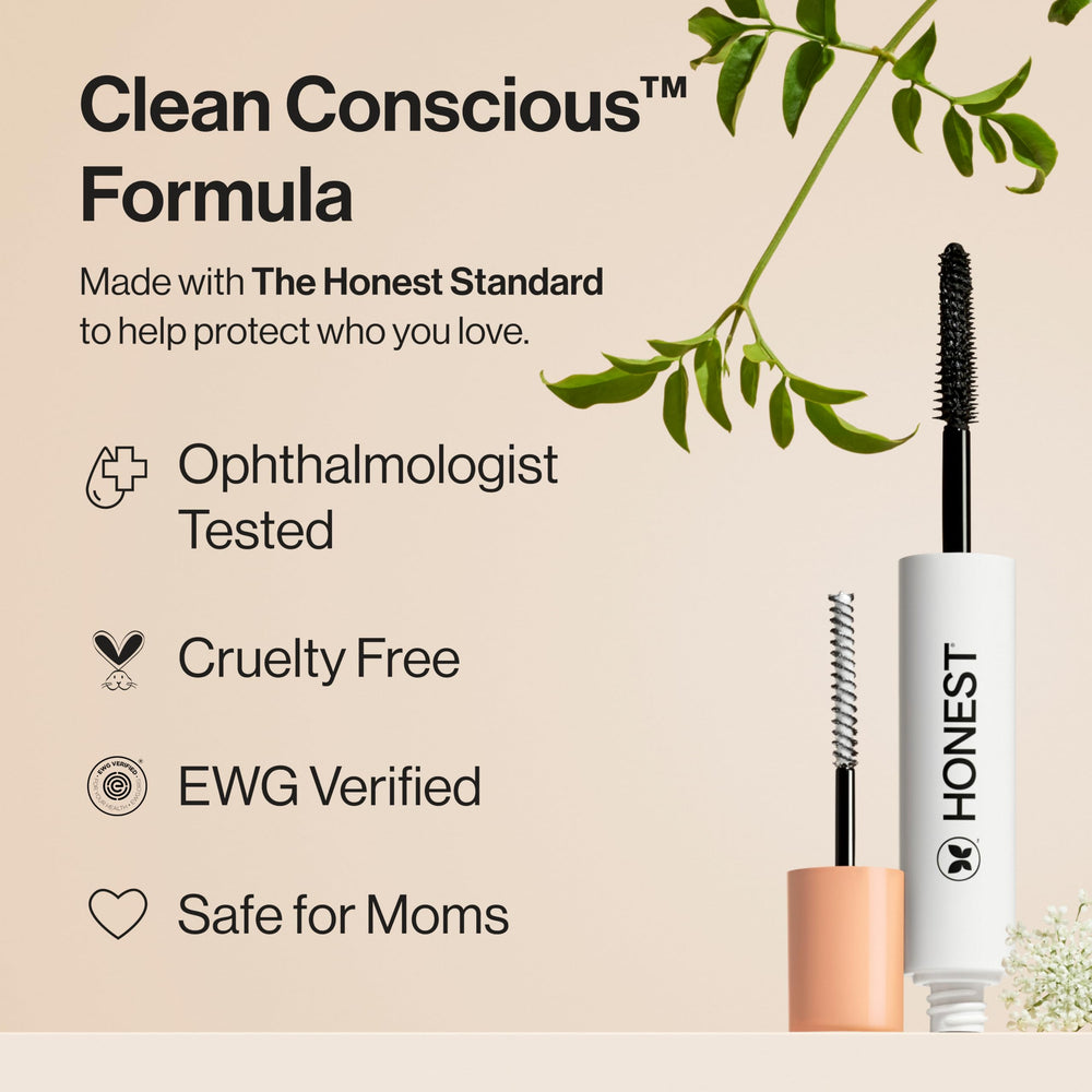Honest Beauty jojoba esters conditioning detail emphasizes lash care.