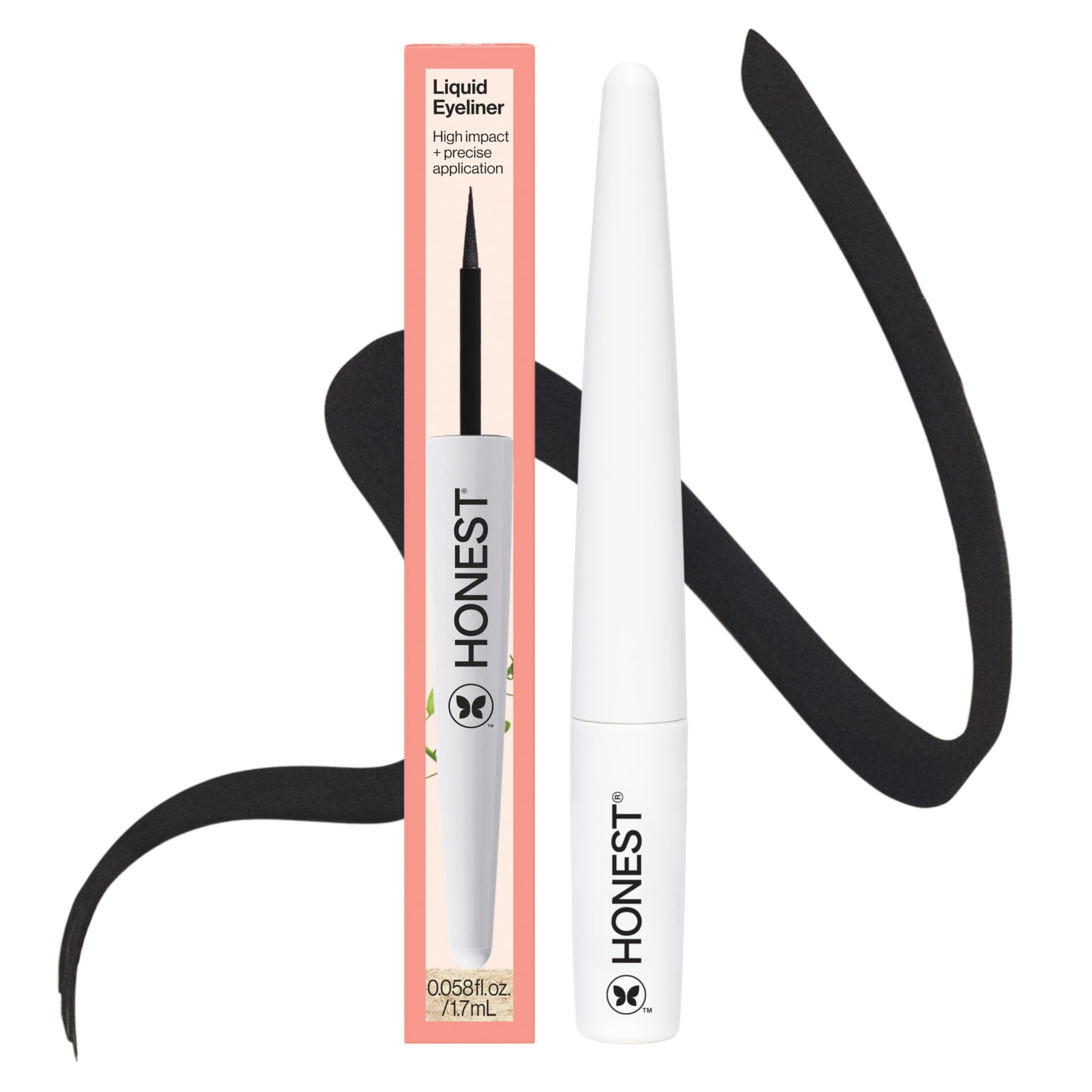 Honest Beauty Longlasting Liquid Eyeliner bottle closeup highlighting premium packaging and precise application.