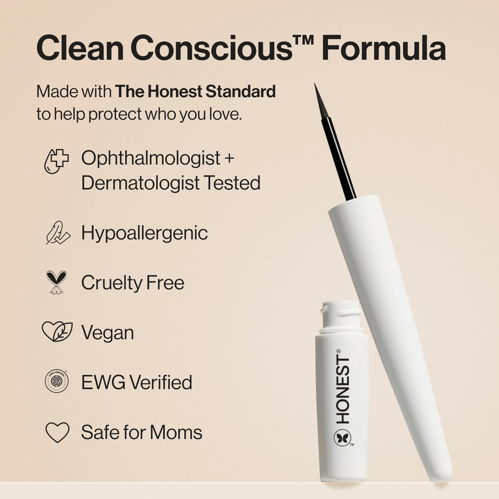 Honest Beauty Longlasting Liquid Eyeliner defined line for clean satiny finish.