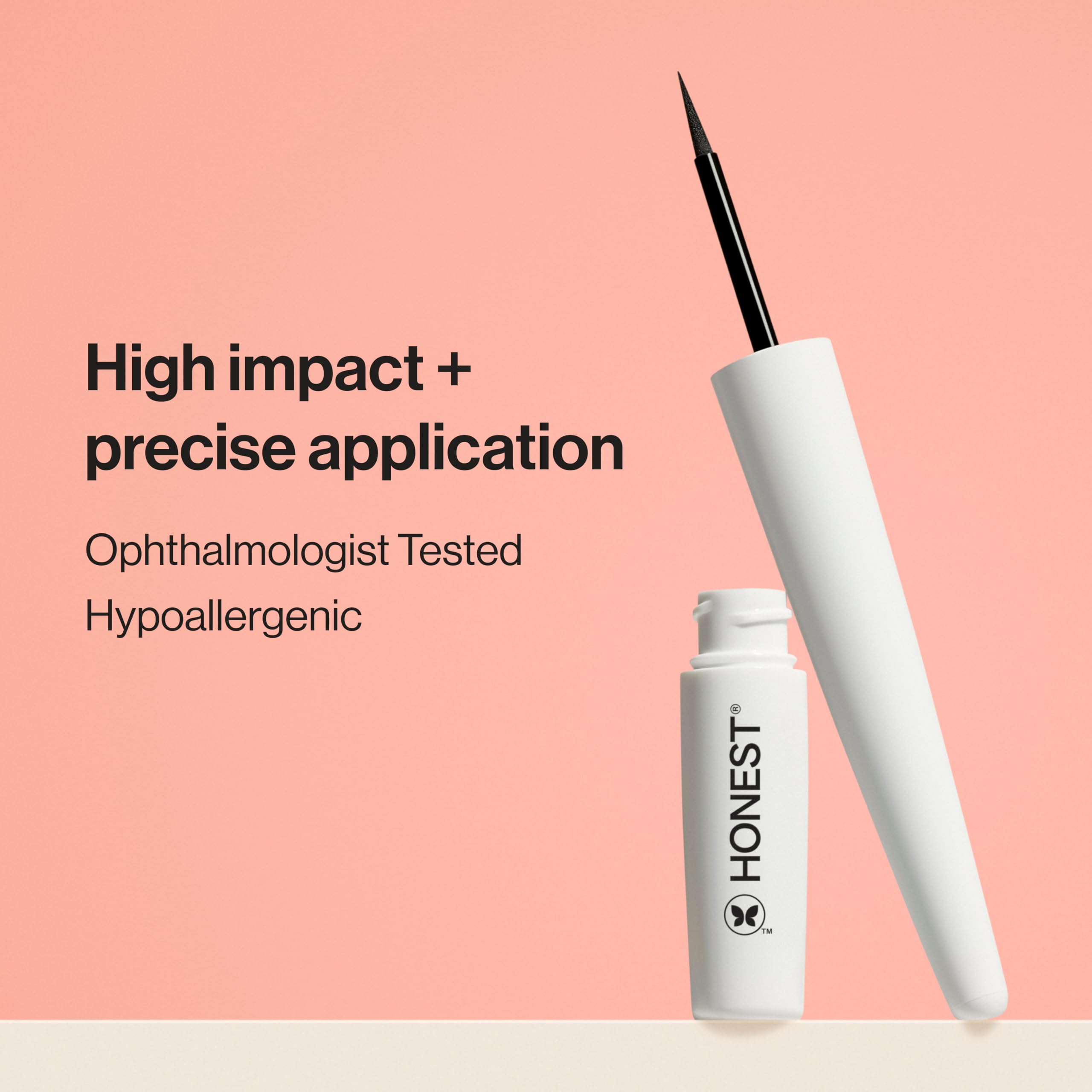 Honest Beauty Longlasting Liquid Eyeliner flexible brush tip enables easy, controlled lining.