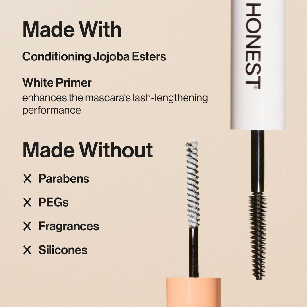 Honest Beauty primer base coating visible on lashes for even mascara performance.