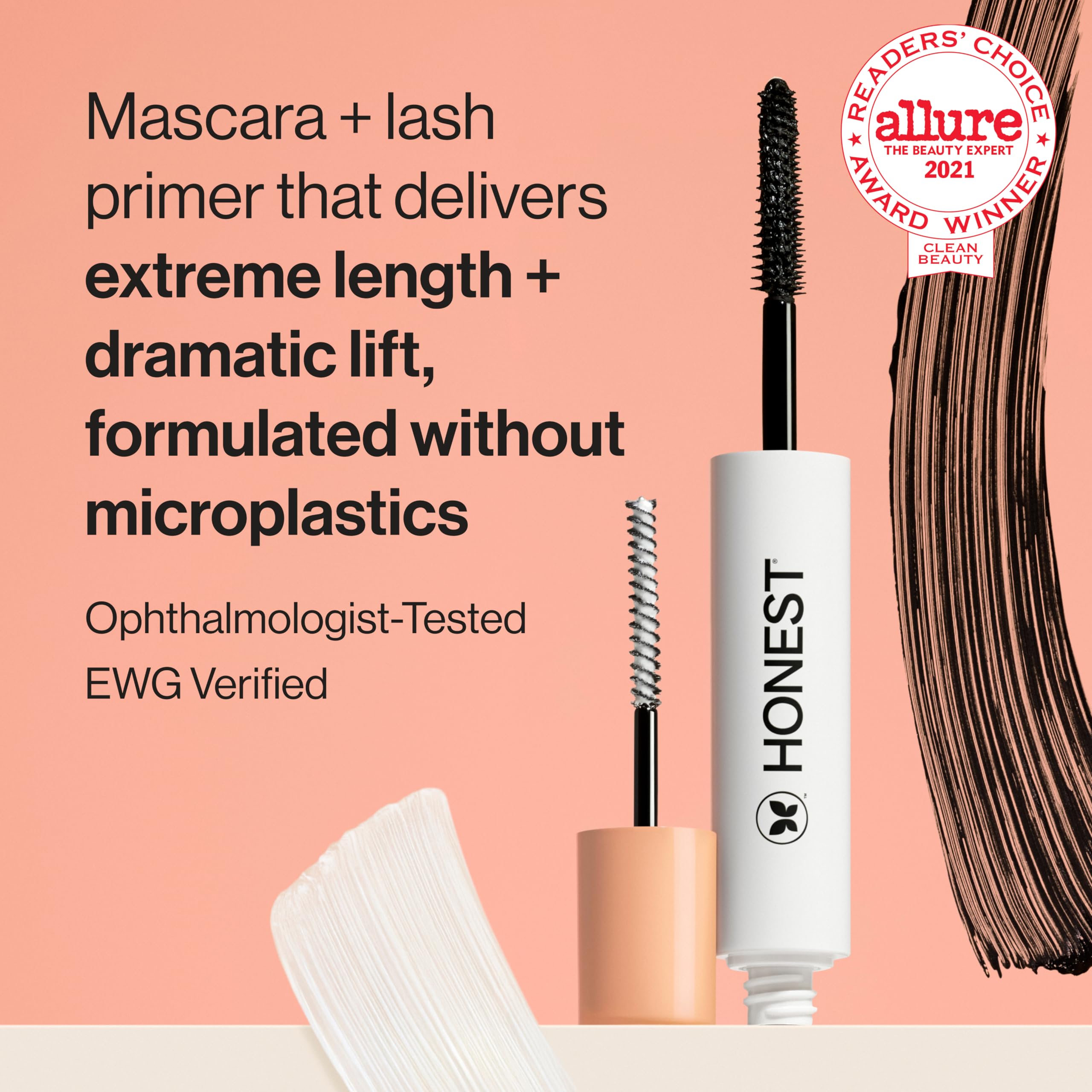 Honest Beauty primer wand close-up shows smooth base for longer lashes.