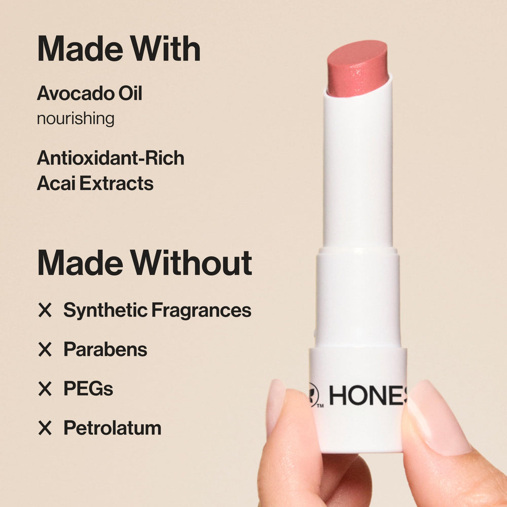Honest Beauty Summer Melon adds pink blush to bare lips with subtle hydration.