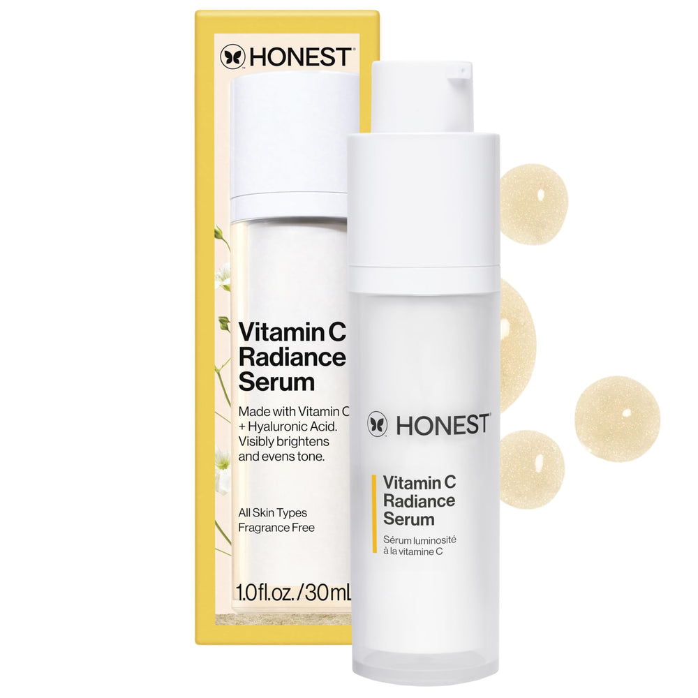 Honest Beauty Vitamin C Radiance Serum bottle shows glow-boosting brightness.