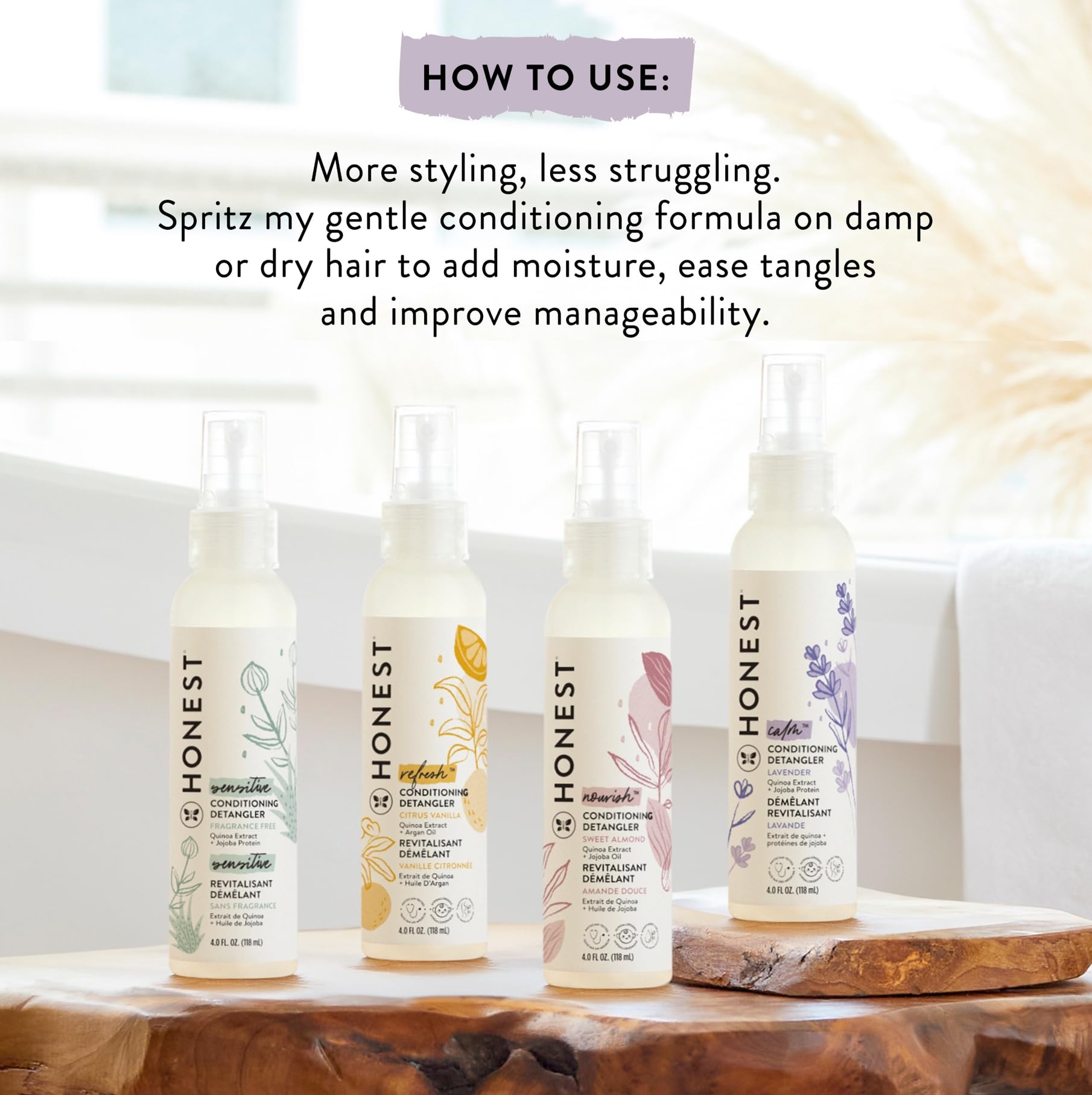 Shea butter nourishes hair with light moisture in Honest detangler.