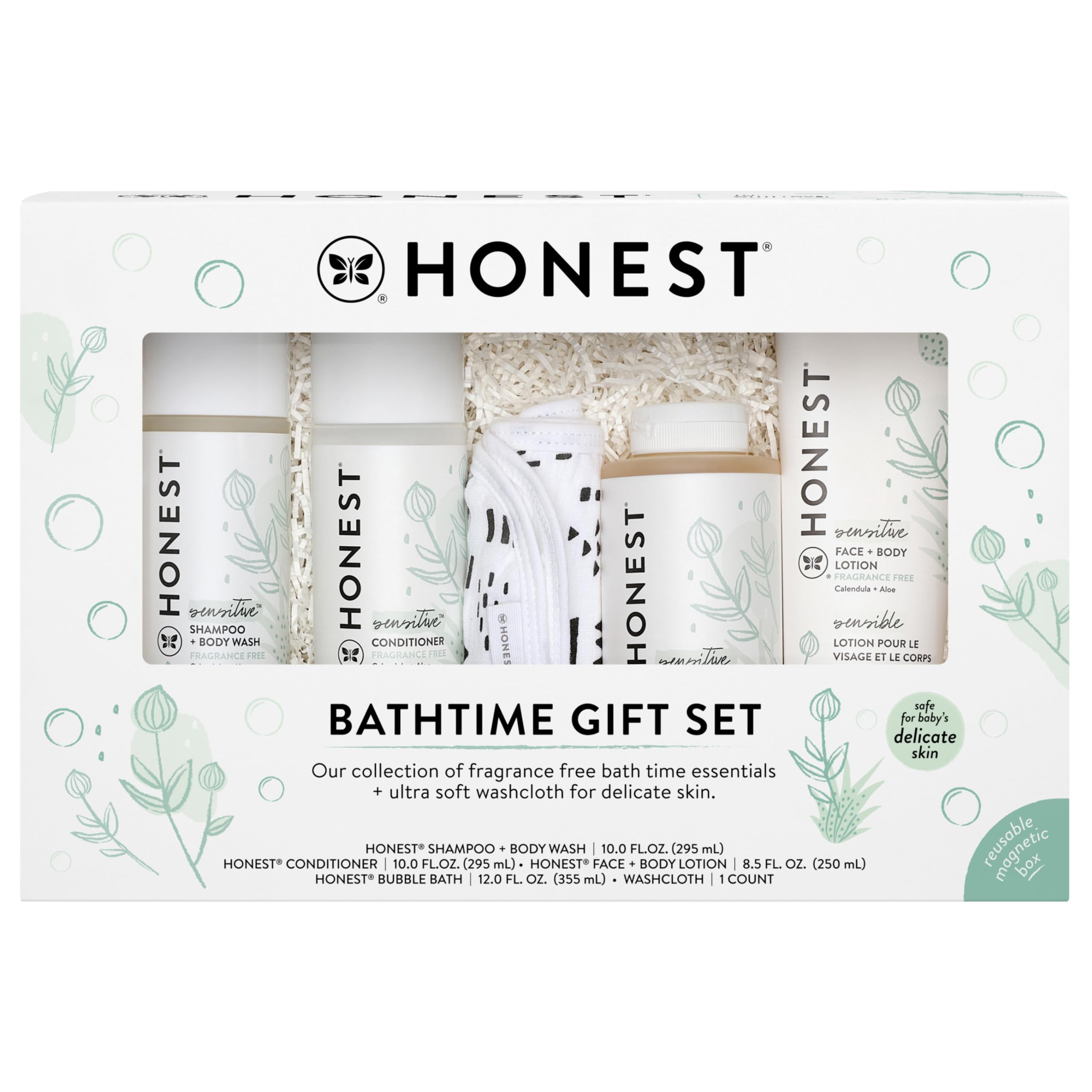 The Honest Company fragrance-free bathtime gift set box shown for sensitive skin care.