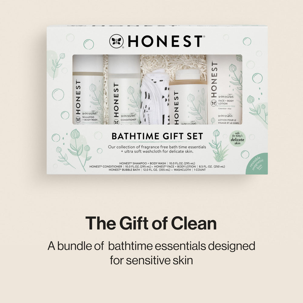 Honest fragrance-free shampoo and body wash bottle ready for gentle head-to-toe cleansing.