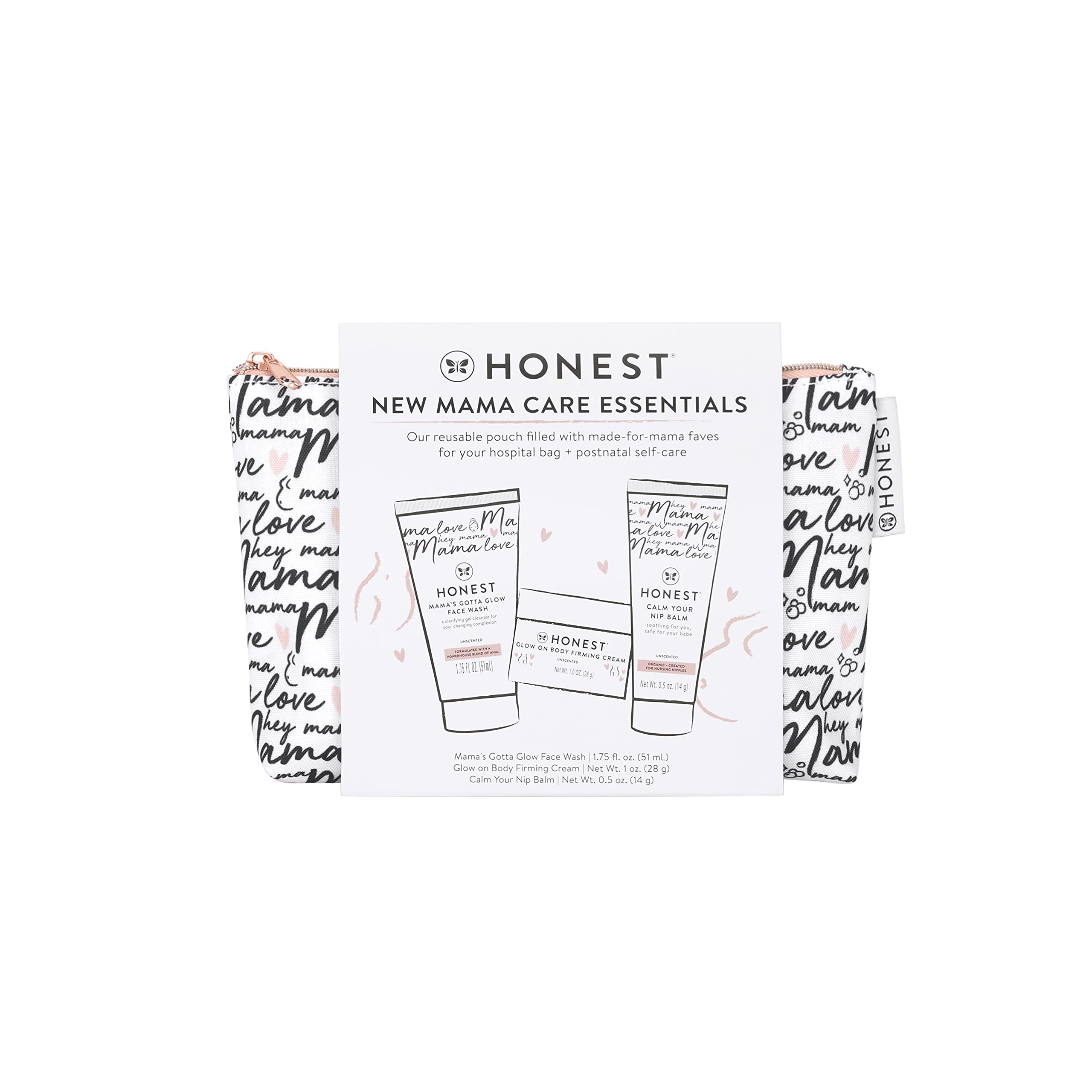 Reusable pouch containing the Honest New Mama care items
