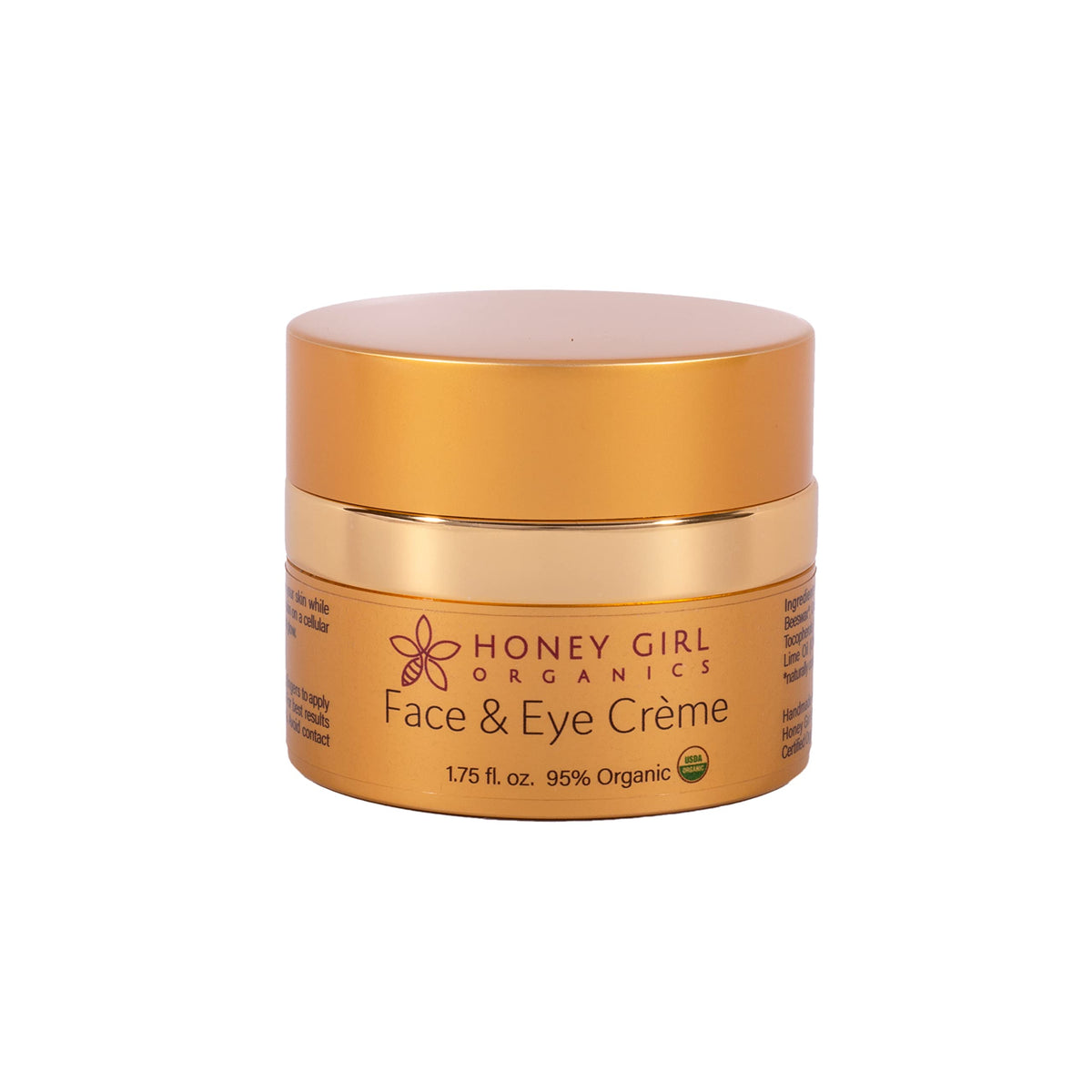 Honey Girl Organics Face & Eye Creme bottle close-up for daily hydration