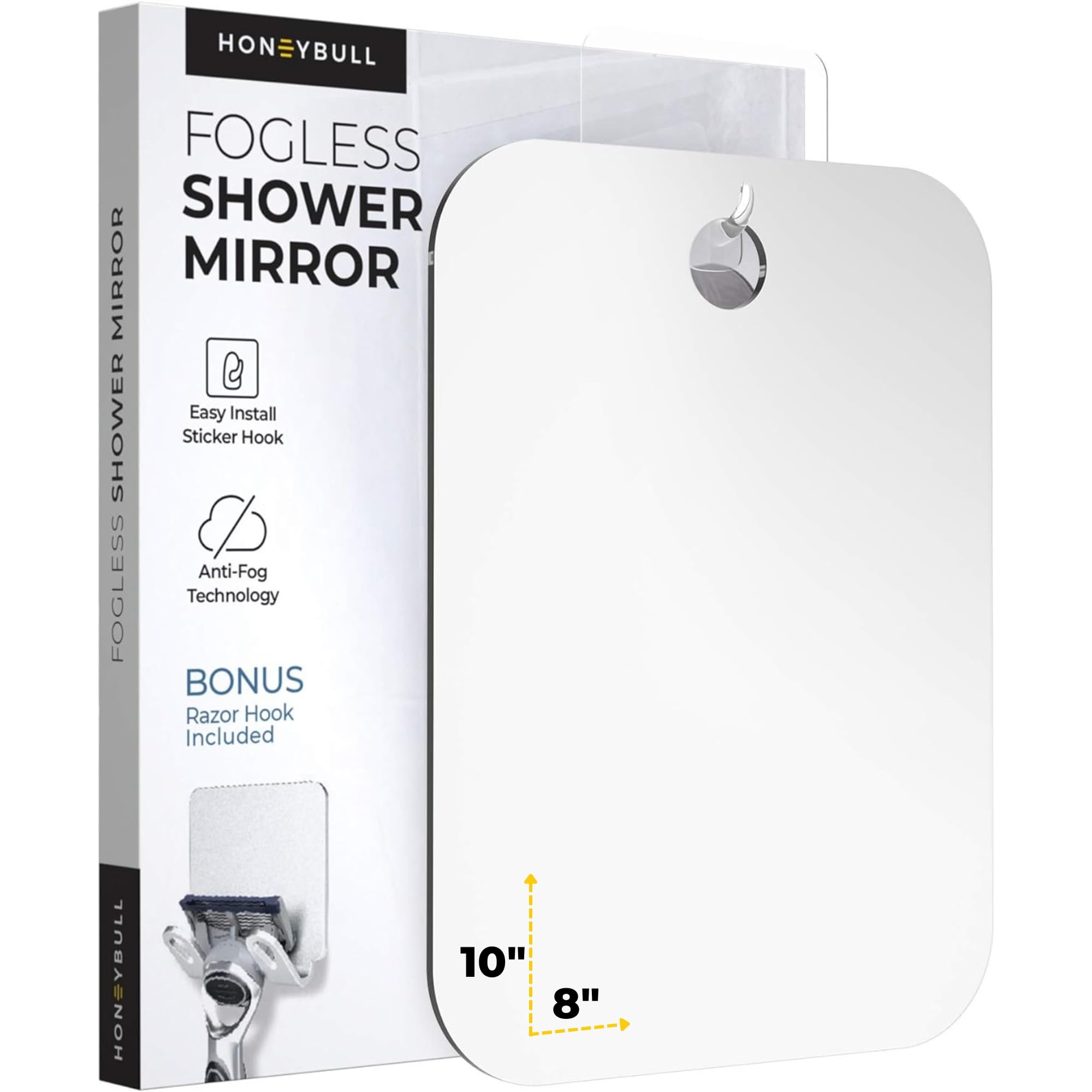 HONEYBULL fogless shower mirror with large 8x10 inch surface for shaving
