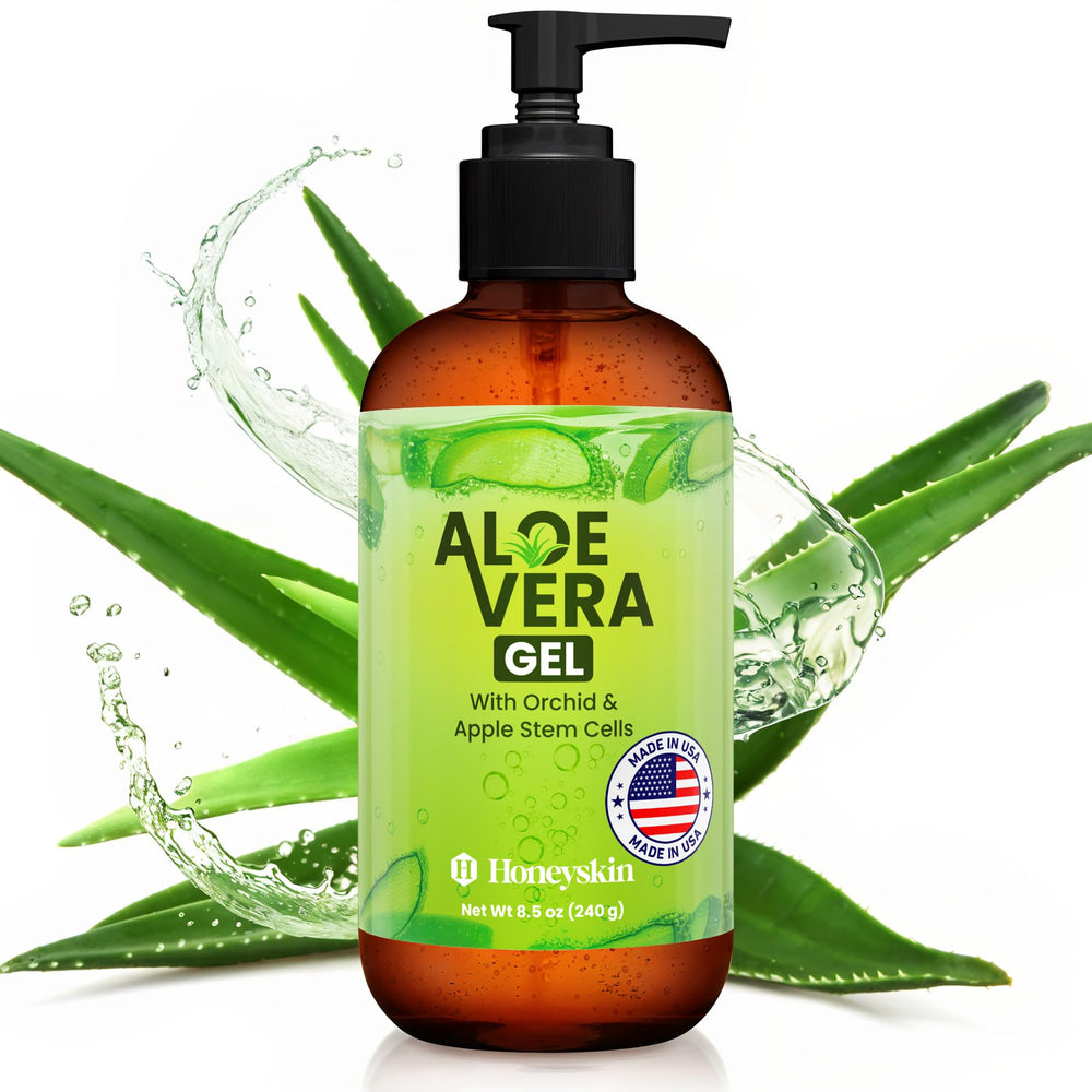 Honeyskin gel de aloe vera, botella de 8 onzas líquidas, alivio refrescante para piel sensible.