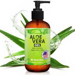 Honeyskin gel de aloe vera, botella de 8 onzas líquidas, alivio refrescante para piel sensible.