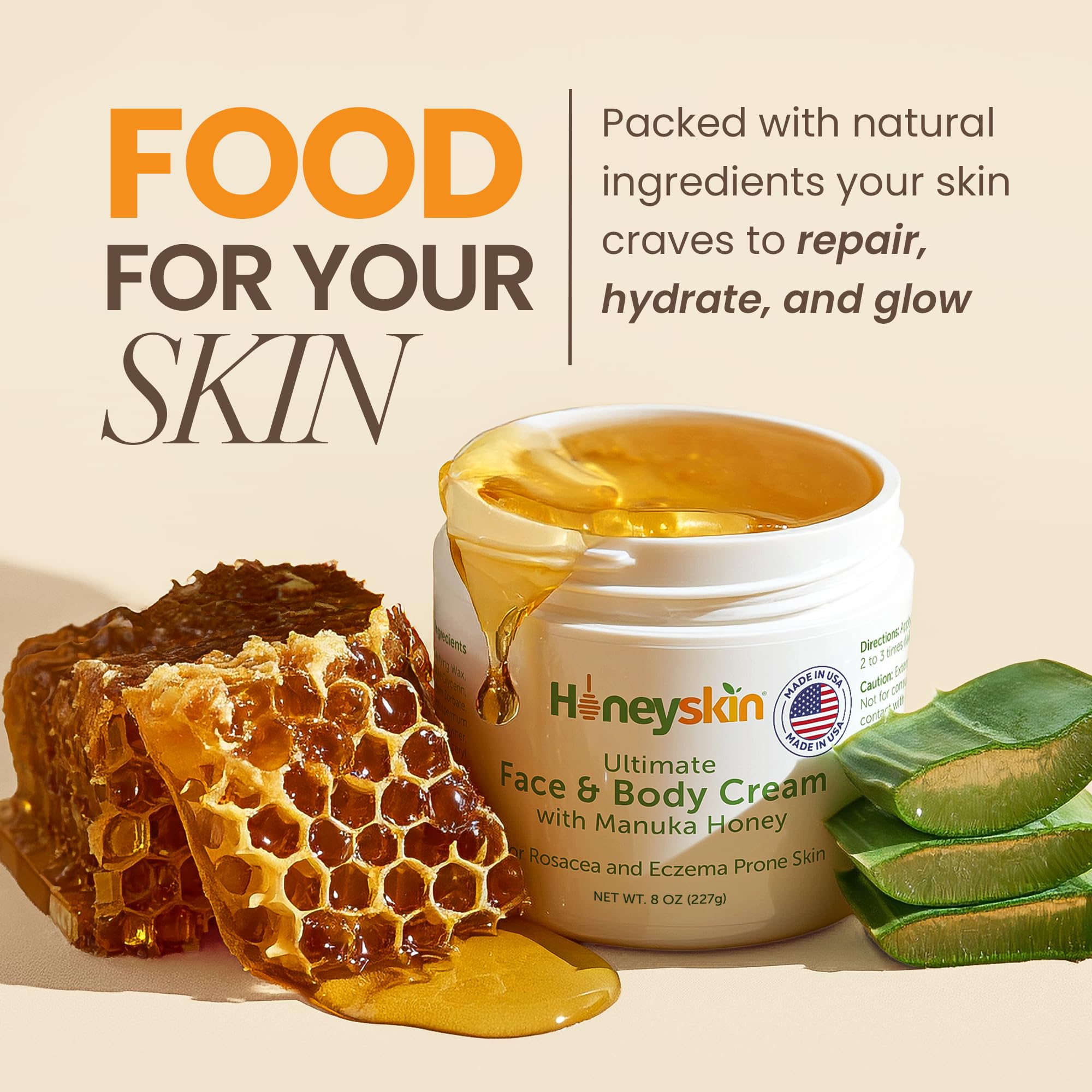 Honeyskin Manuka Honey Face Moisturizer jar shows rich texture for deep moisture.