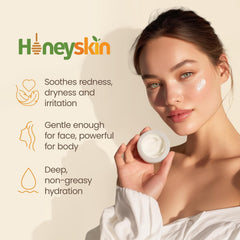 Honeyskin organic ingredients highlight wild oat extract for soothing hydration.