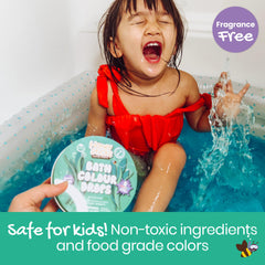 Honeysticks Bath Color Drops show blue, red, yellow colors in tub.