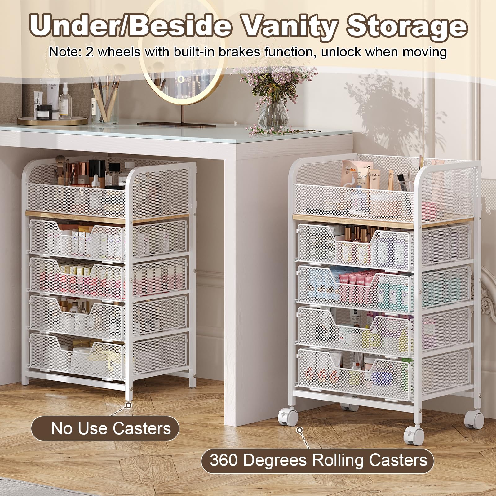 Hongtamoya makeup cart 360-degree swivel casters enable smooth repositioning