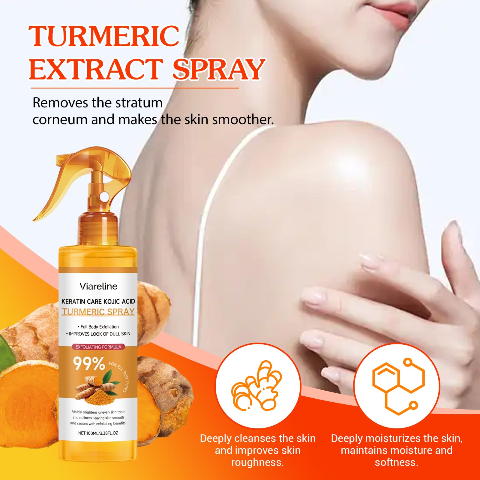 Hongyunda ingredientes clave cúrcuma y keratina en spray exfoliante.