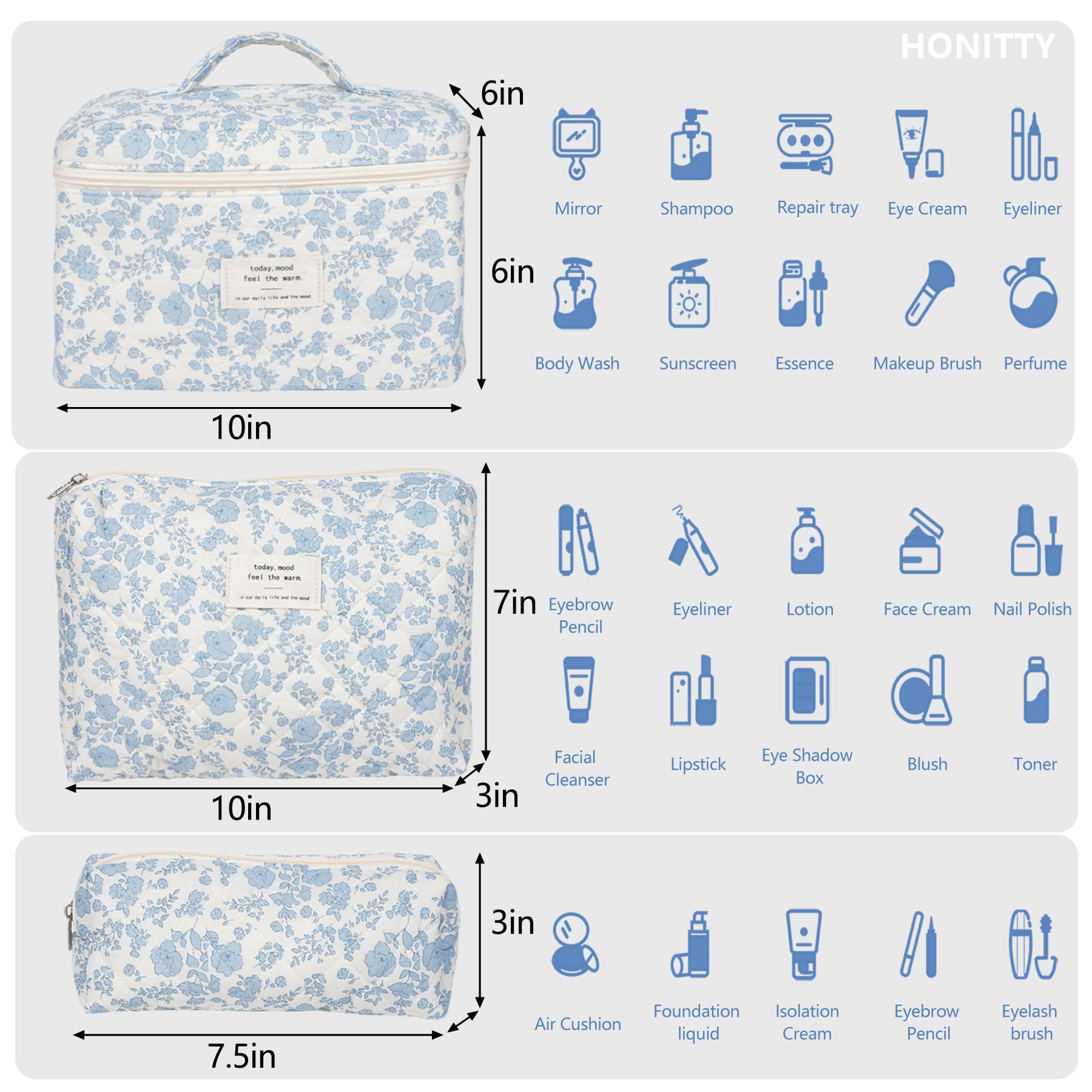 Honitty cotton makeup bag back view with soft fabric suitable for light daily use